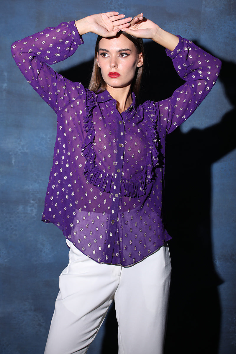 Frill Lurex Textured Full Sleeve Shirt