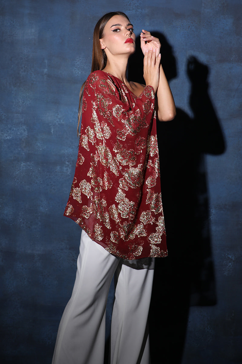 One Shoulder Asymmetrical Lurex Flared Top