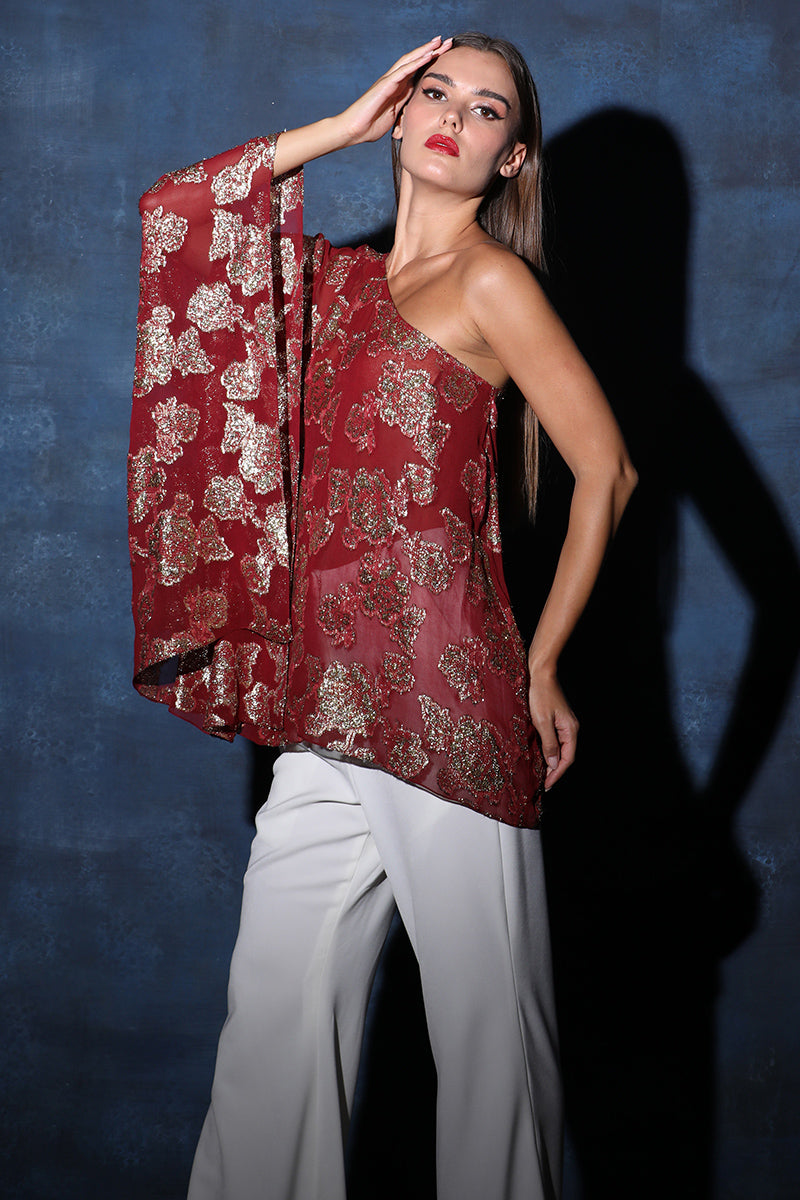 One Shoulder Asymmetrical Lurex Flared Top
