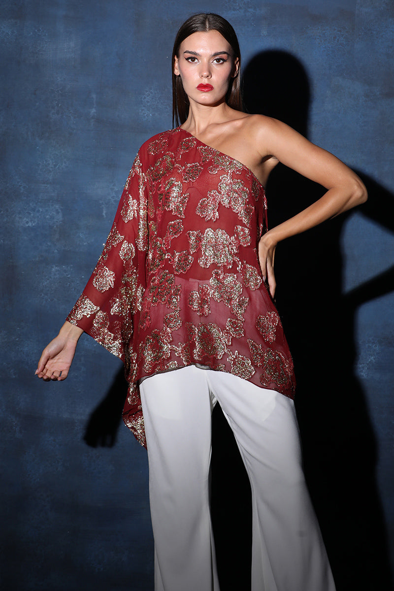 One Shoulder Asymmetrical Lurex Flared Top