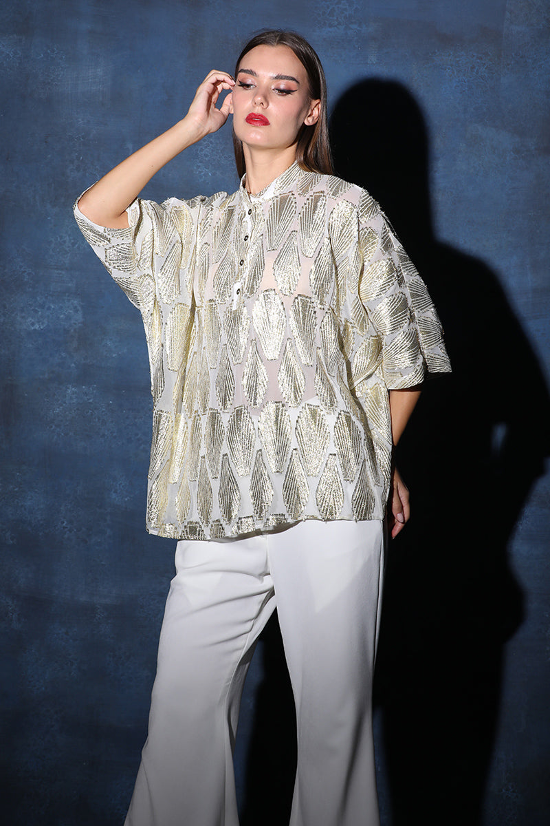 Oversized Georgette Base Ivory Shirt Style Top