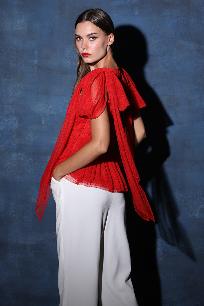 V Neck Polka Net Gathered Red Tied Up Top