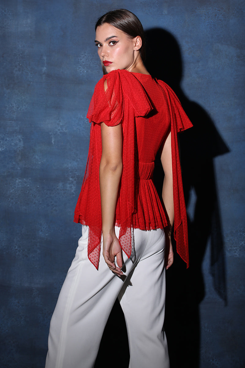 V Neck Polka Net Gathered Red Tied Up Top