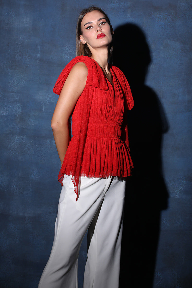 V Neck Polka Net Gathered Red Tied Up Top