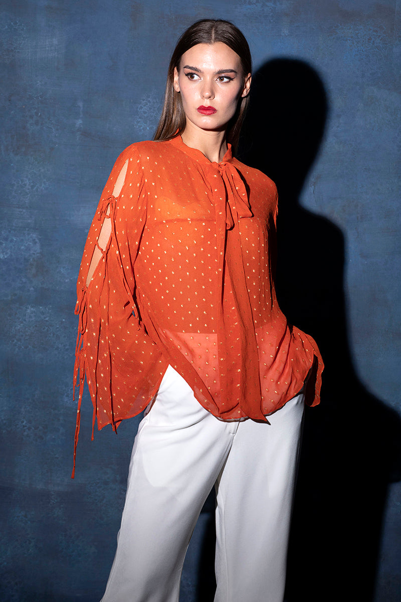 Scarf Collar Top with Tie Knot Sleeves in Sides