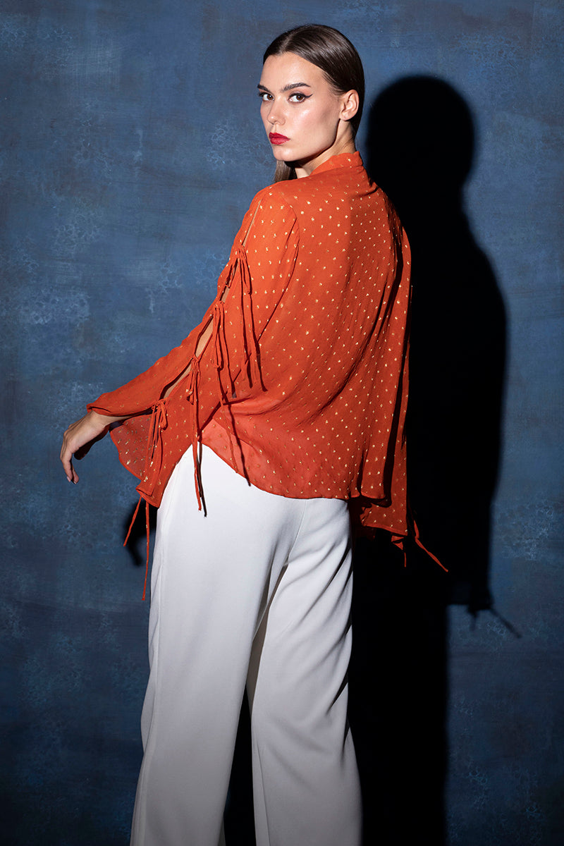 Scarf Collar Top with Tie Knot Sleeves in Sides