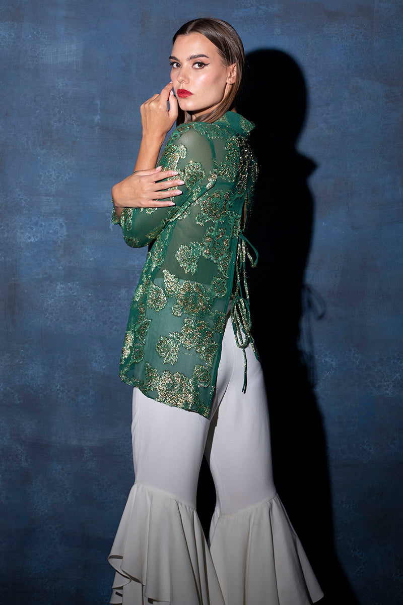 Amazon Green Floral Lurex Buttoned Shirt