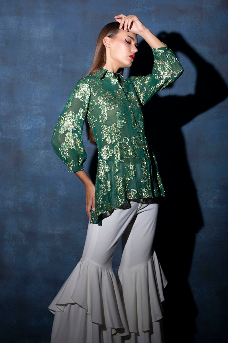 Amazon Green Floral Lurex Buttoned Shirt
