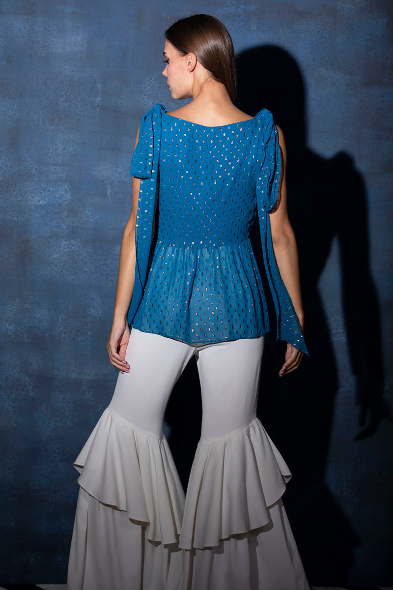 V Neck Cobalt Lurex Top with Tied Bow at Shoulders