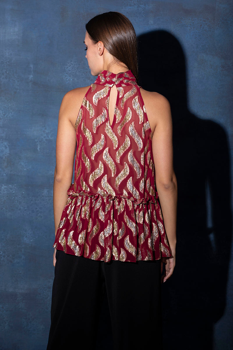 Maroon Halter Neck Top with Frilled Hem