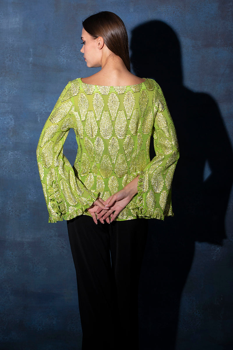 V Neck Leaf Green Lurex Top with Flared Sleeves