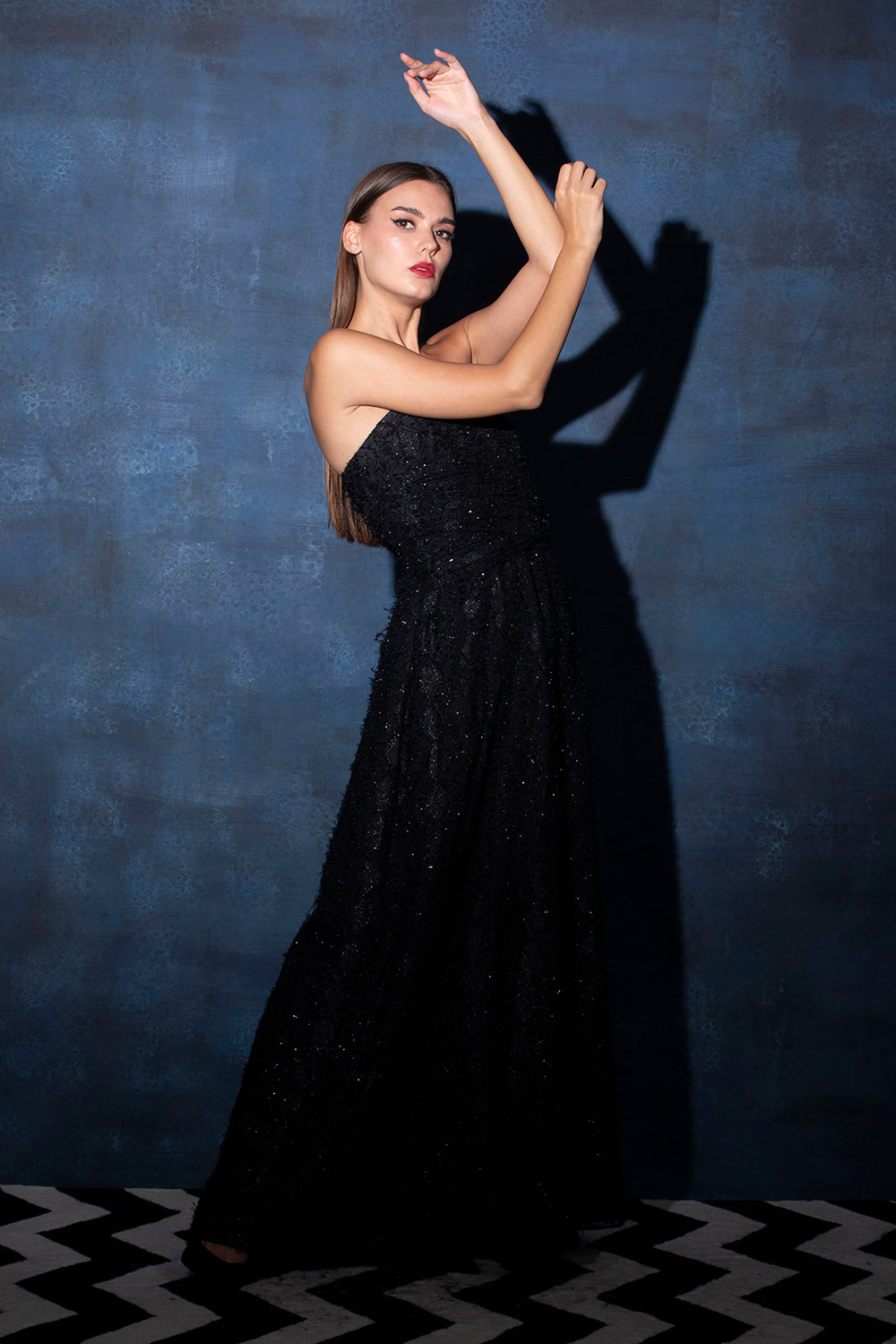 Black Corset Gown with Criss Cross Drapes in Embellished Base