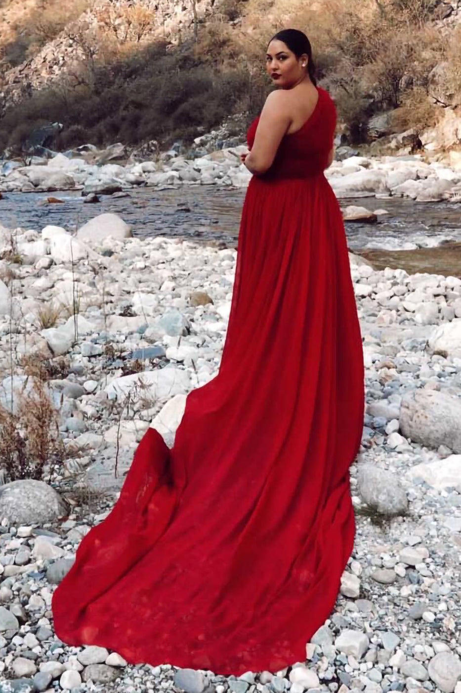 One Shoulder Gown With Fur