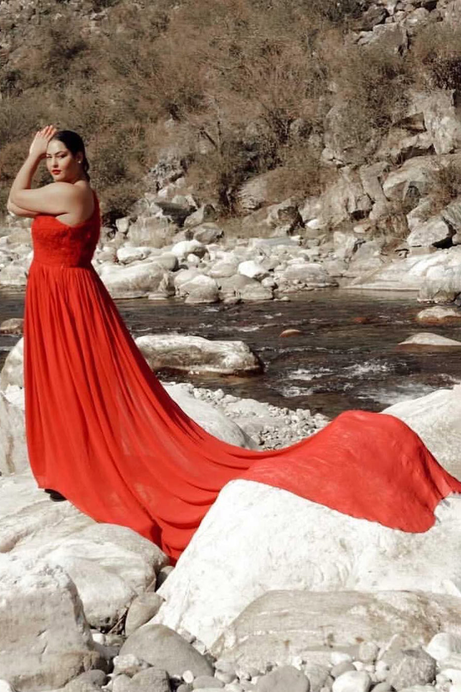 One Shoulder Gown With Fur