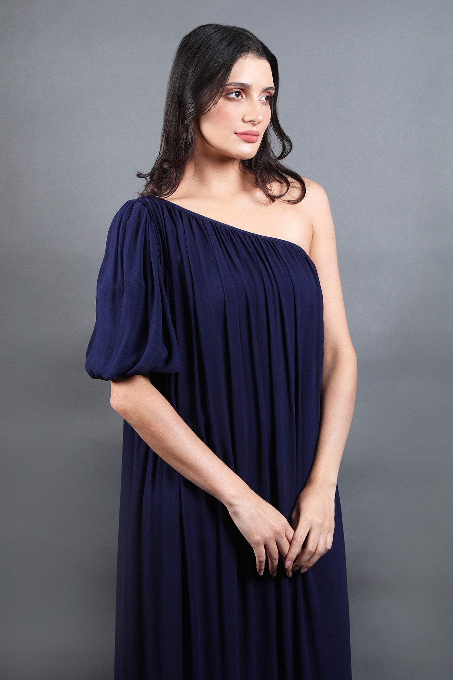 One Shoulder Pleated Hem Maxi