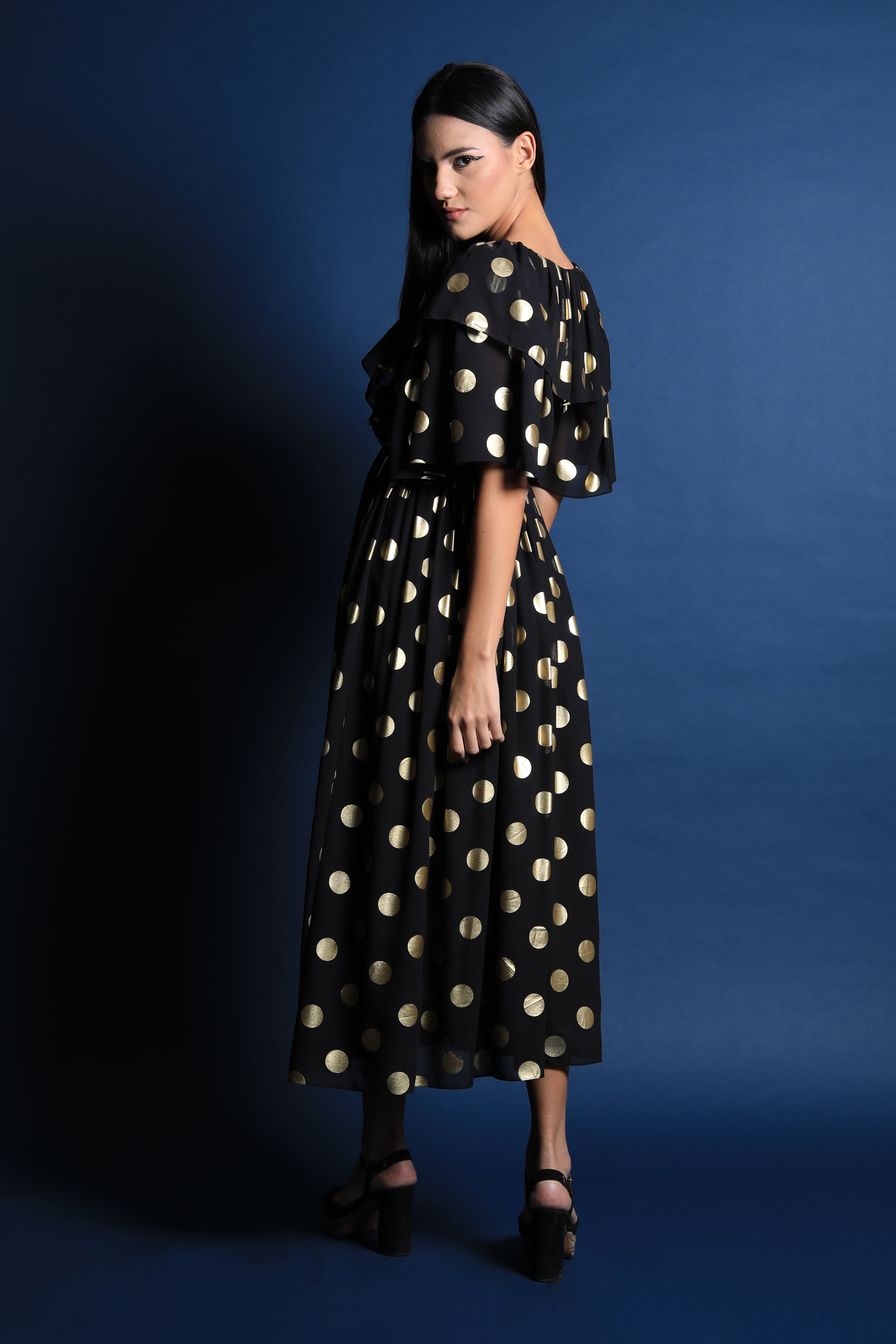 V Neck Midi Dress with Ruffle Detail