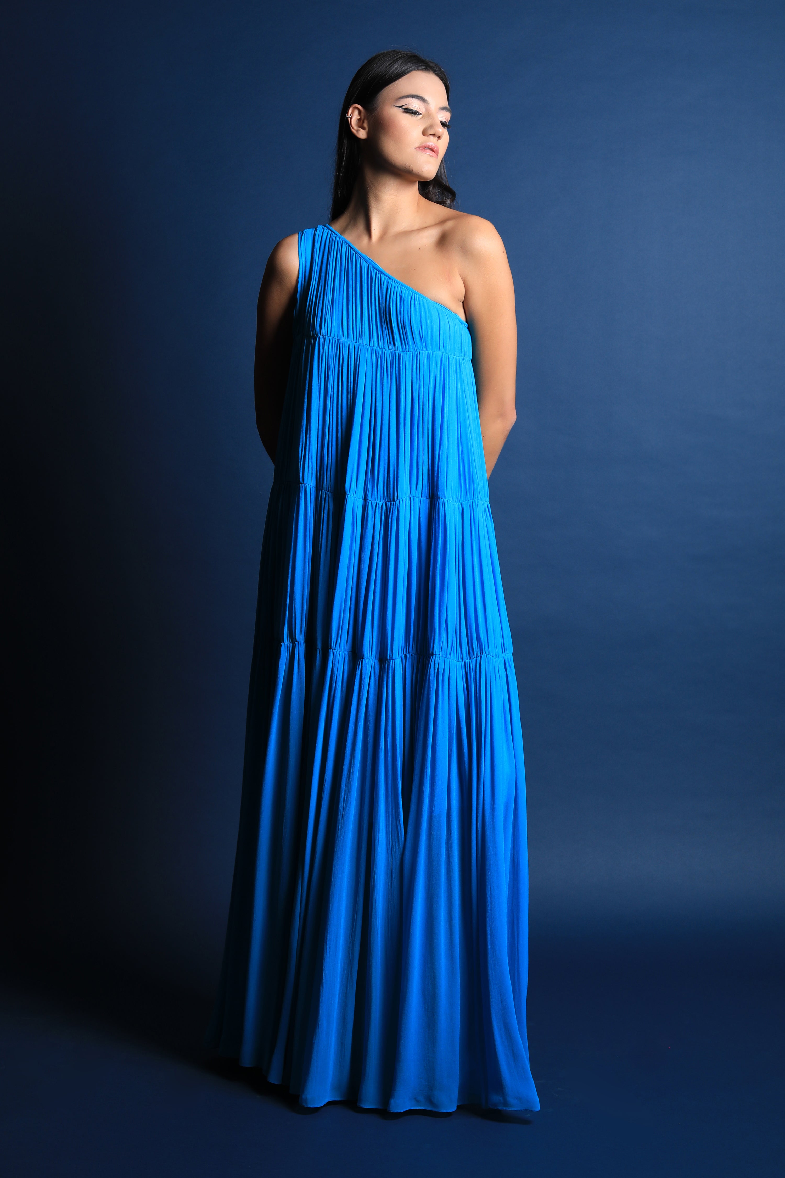 One Shoulder Ruched Tiered Maxi
