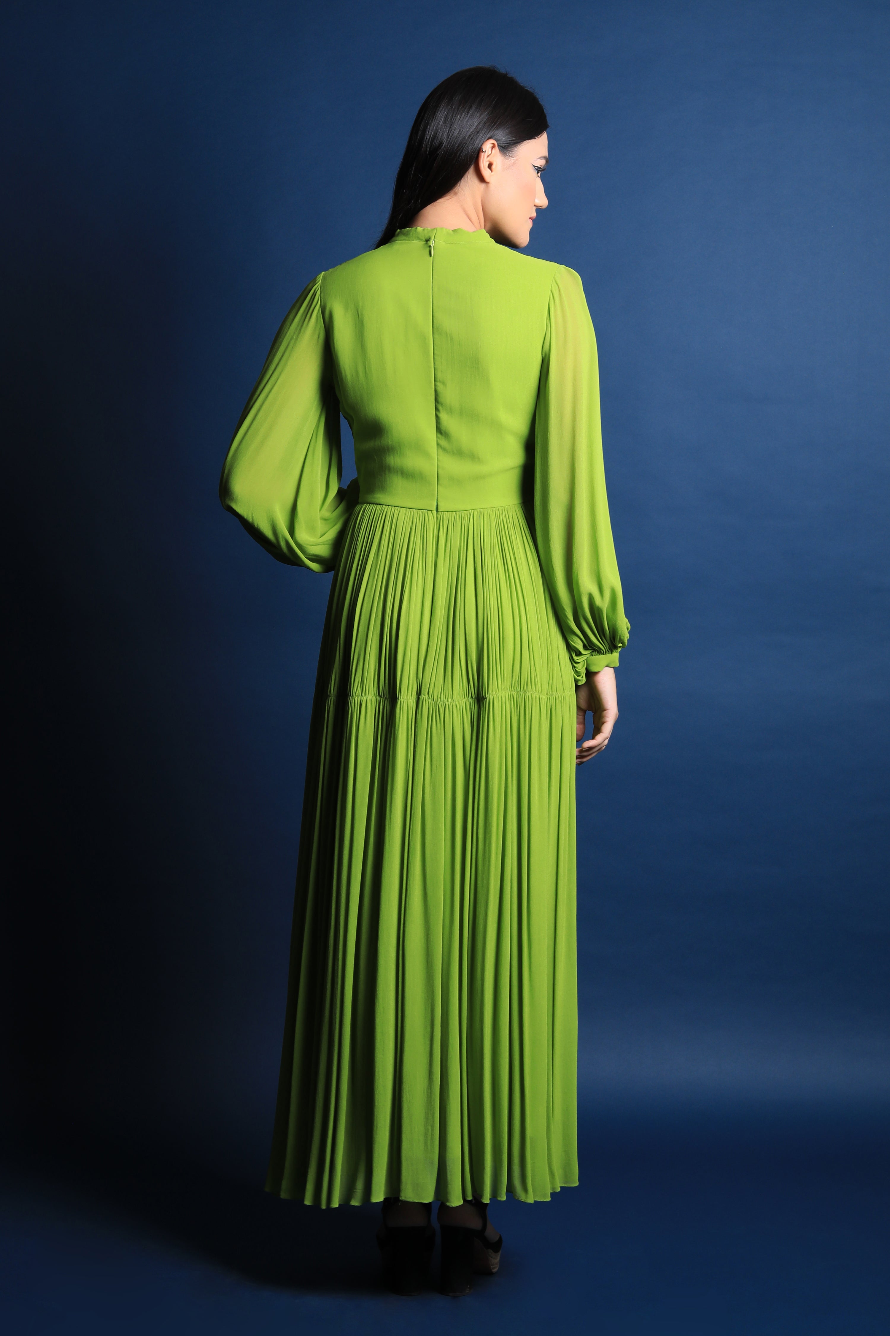 Scarf Collar Maxi Dress With Puff Sleeves