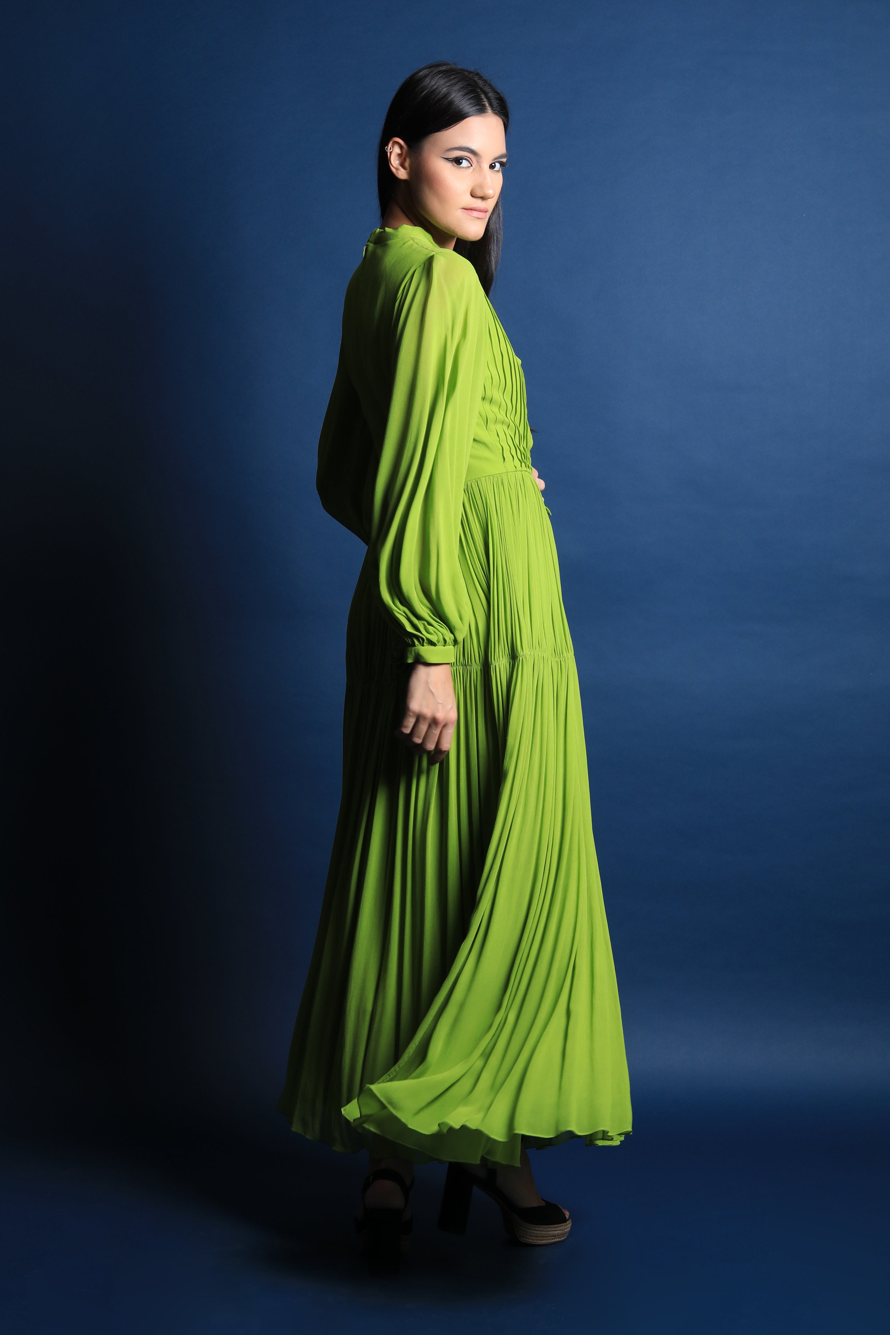 Scarf Collar Maxi Dress With Puff Sleeves