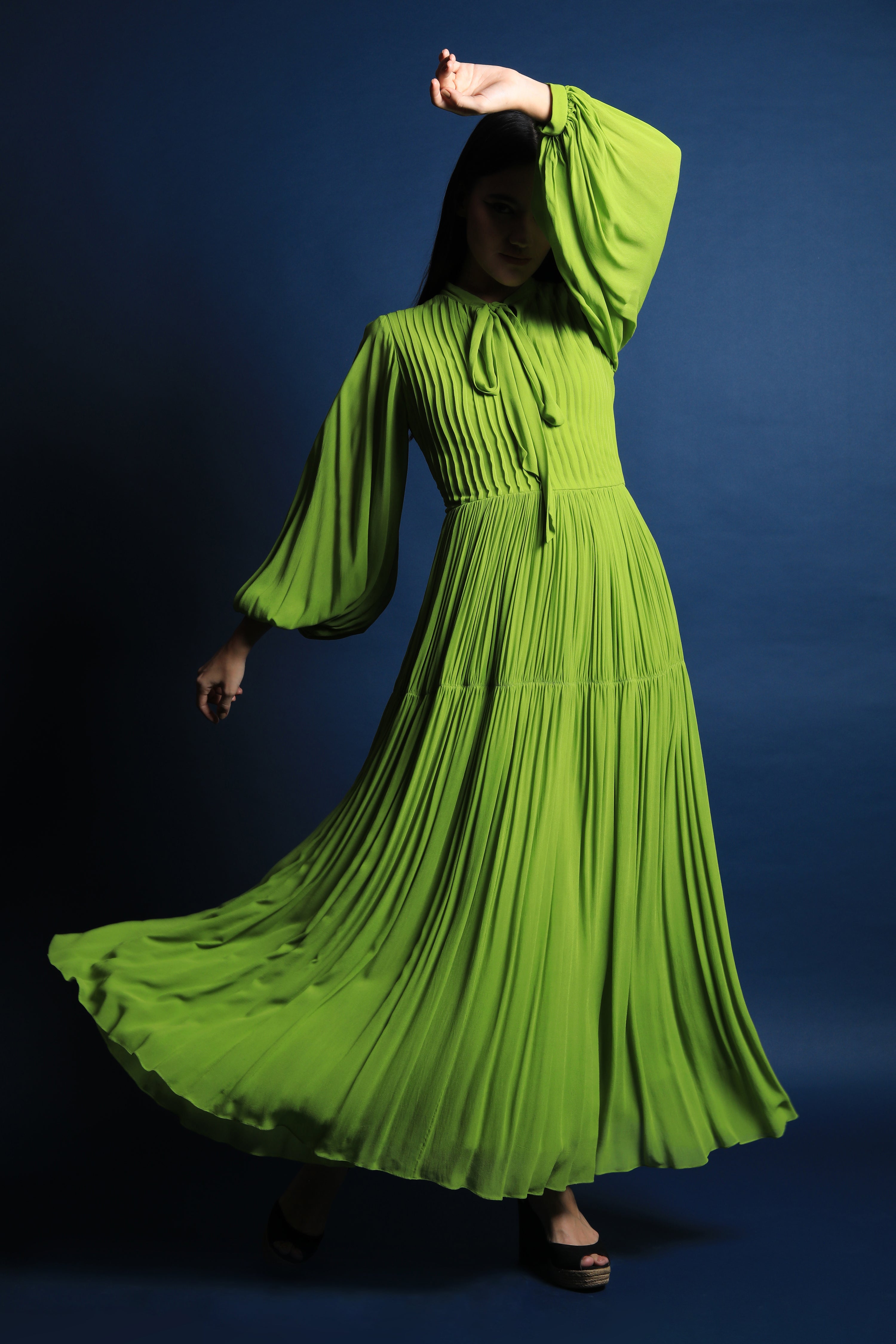 Scarf Collar Maxi Dress With Puff Sleeves