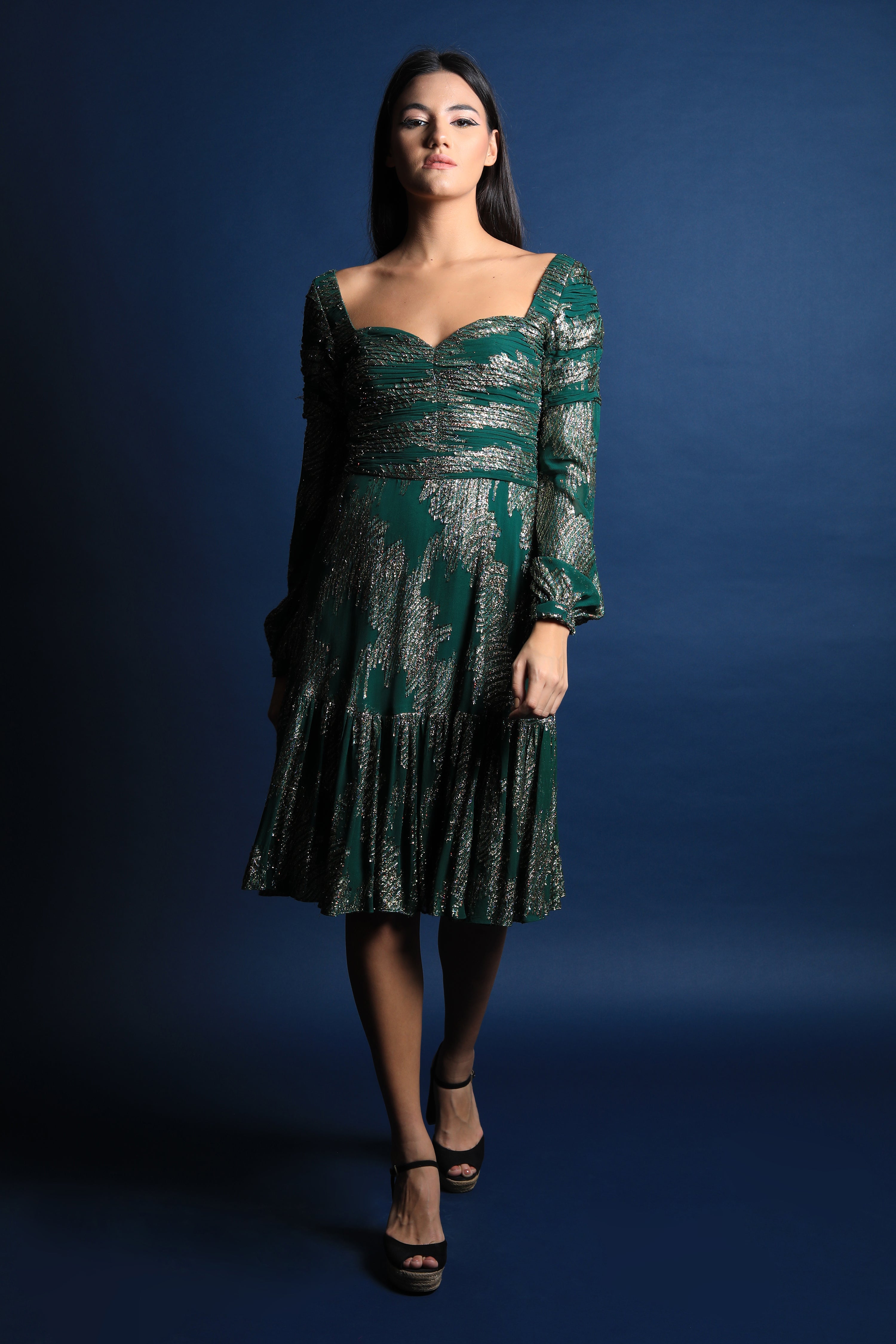 Sweetheart Neck Textured Sleeves Dress