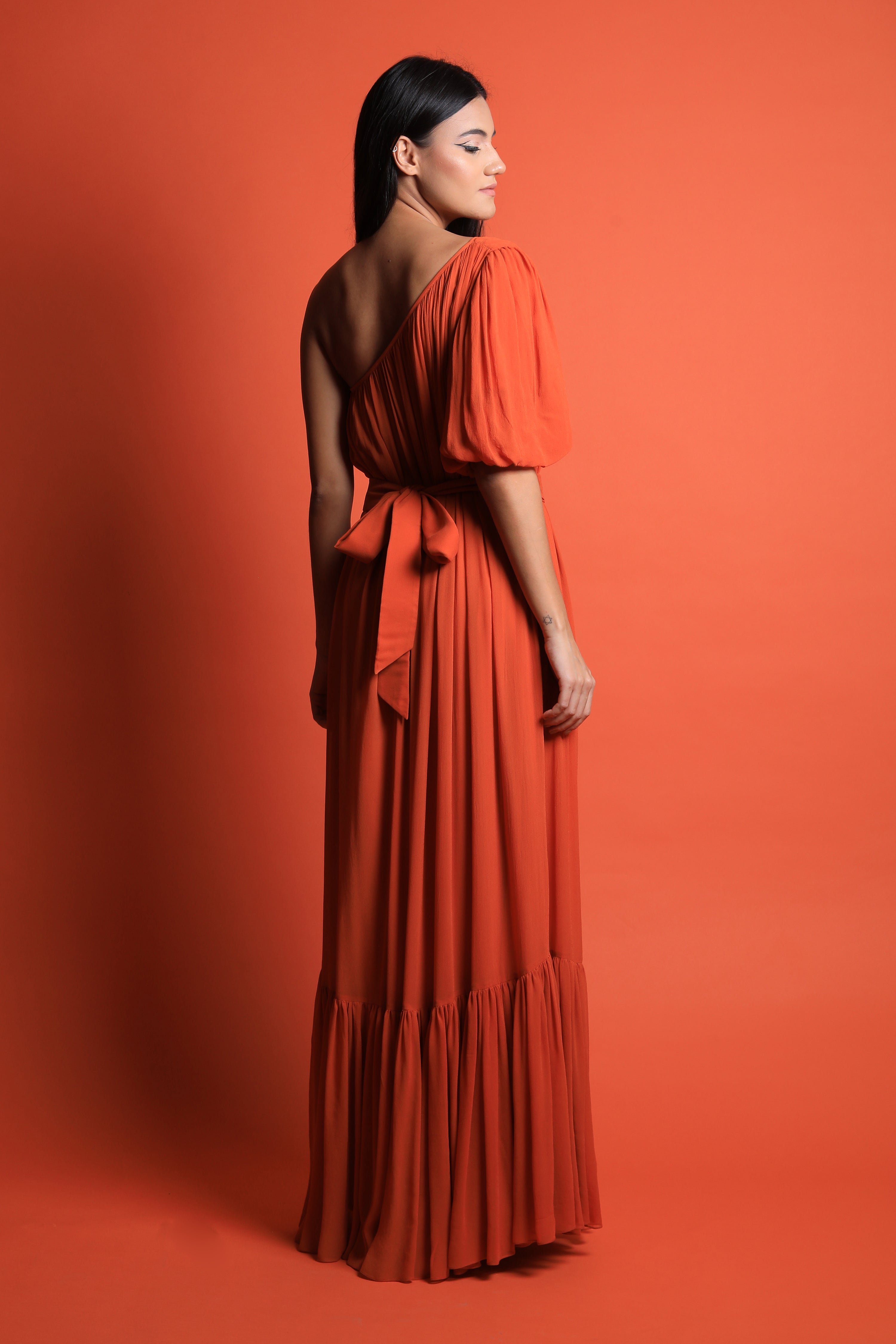 One Shoulder Ruched Hem Maxi Gown