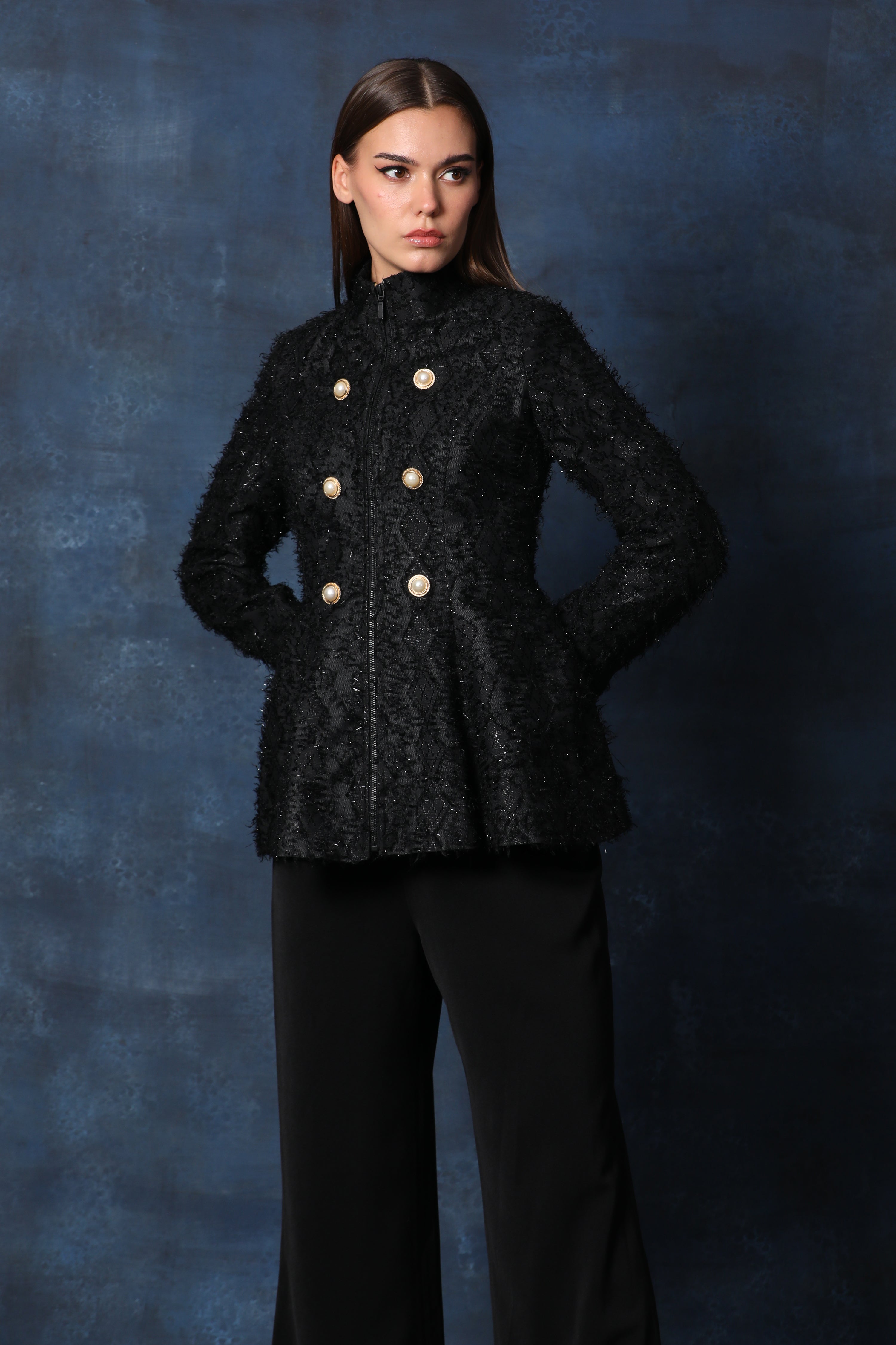 Black Turtleneck Full Sleeve Blazer in Embellished Base