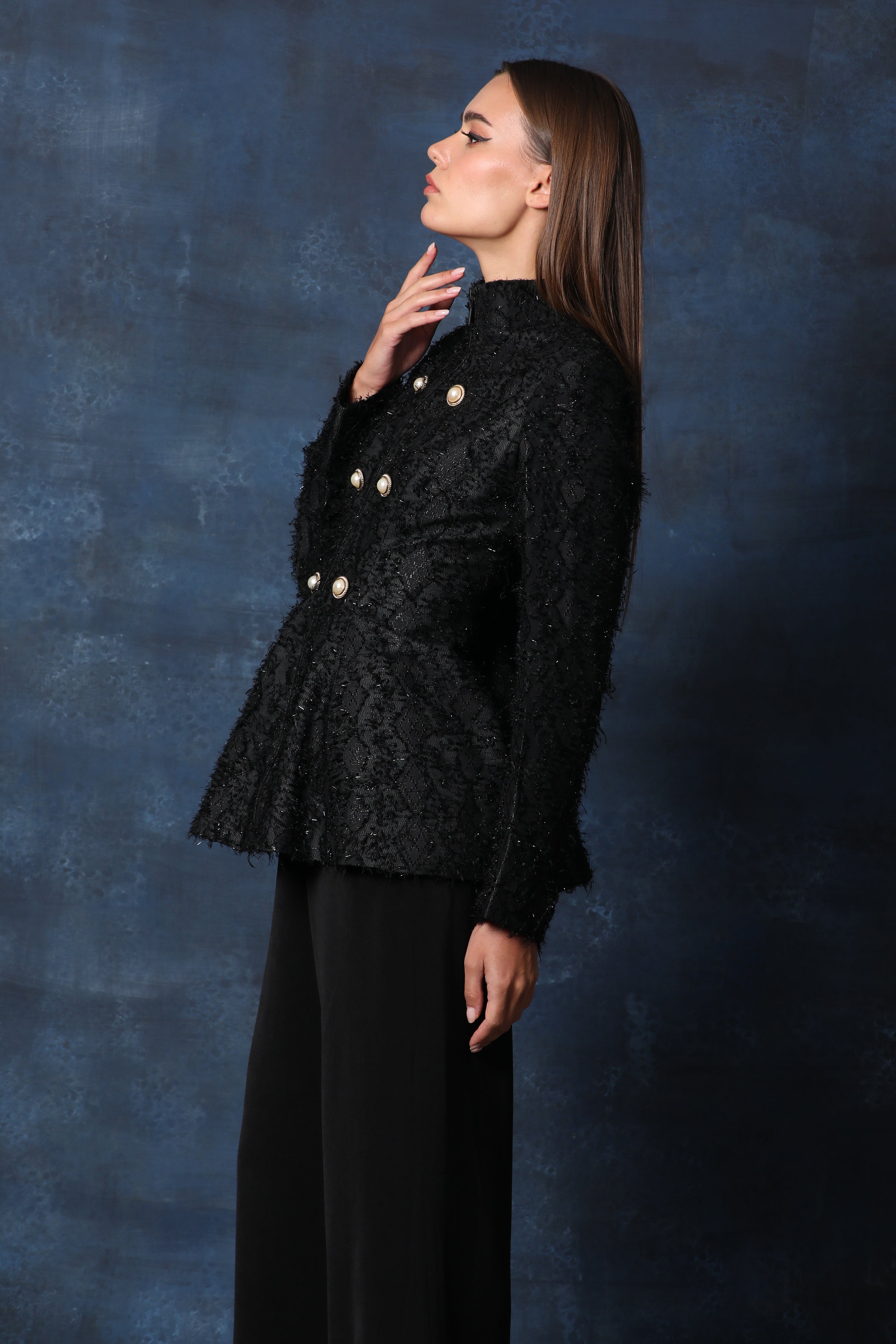 Black Turtleneck Full Sleeve Blazer in Embellished Base