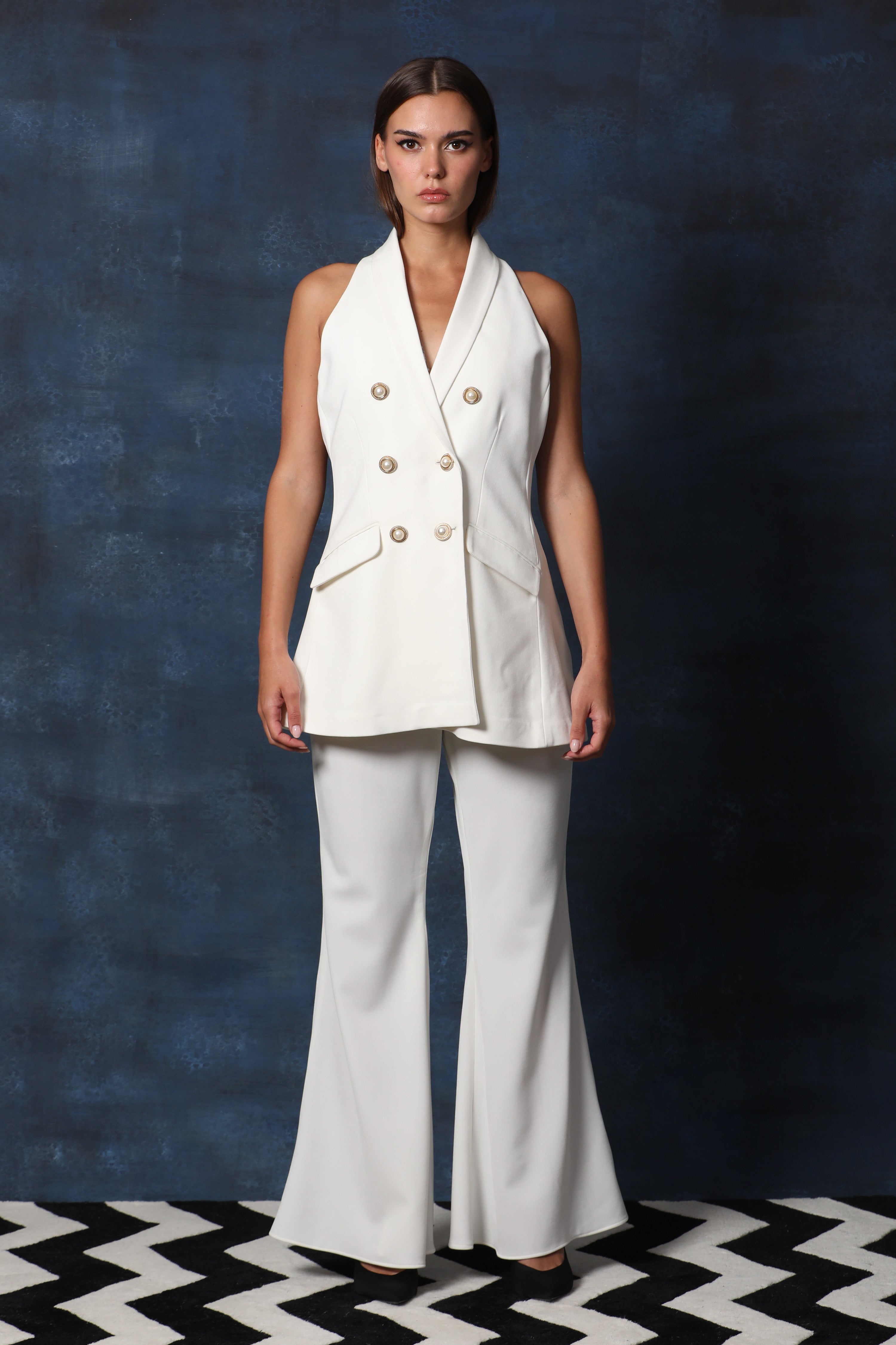 Halter Neck Blazer with Bell Bottom Flared Pants
