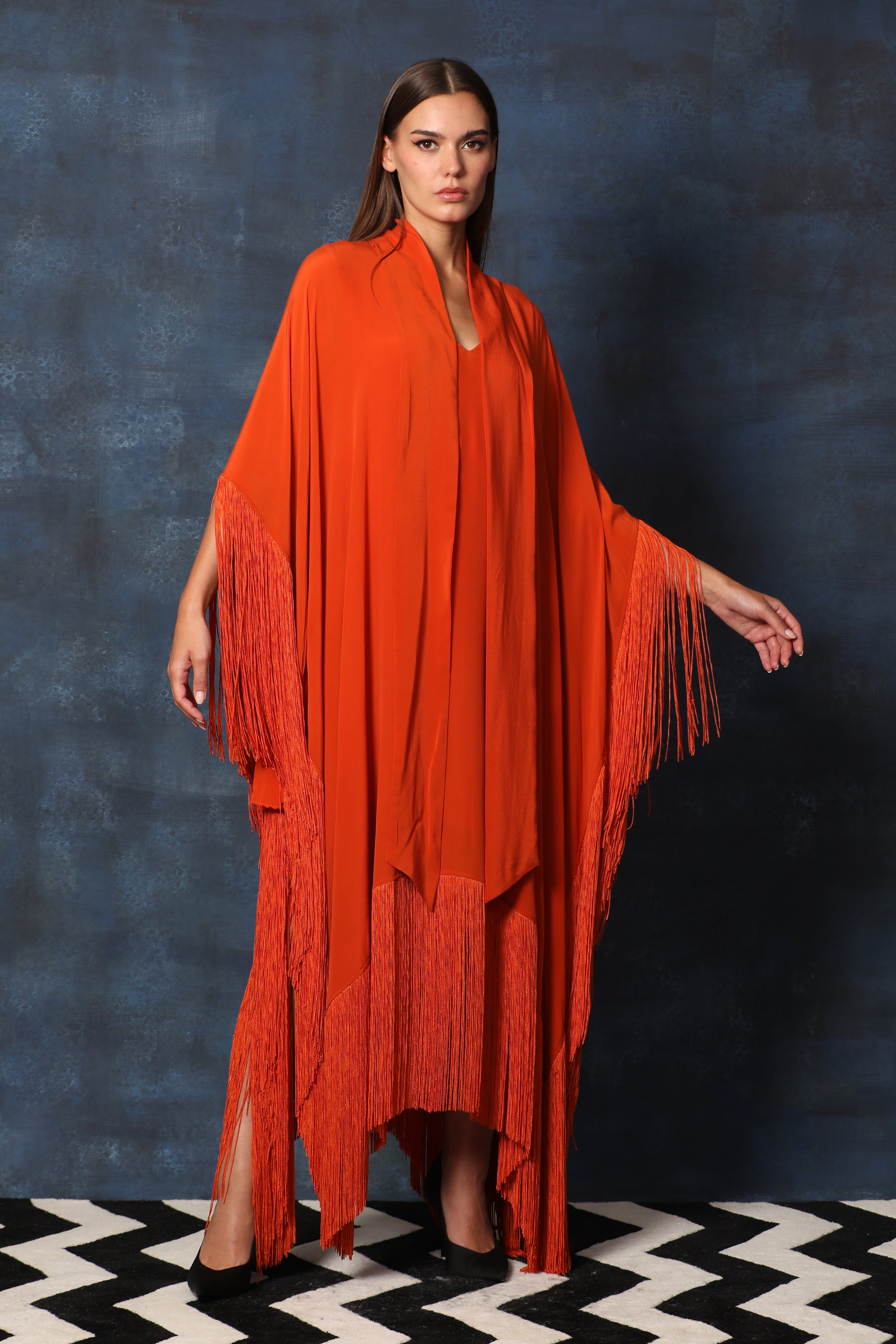 Scarf Collar V Neck Kaftan Asymmetrical Dress with Fringes