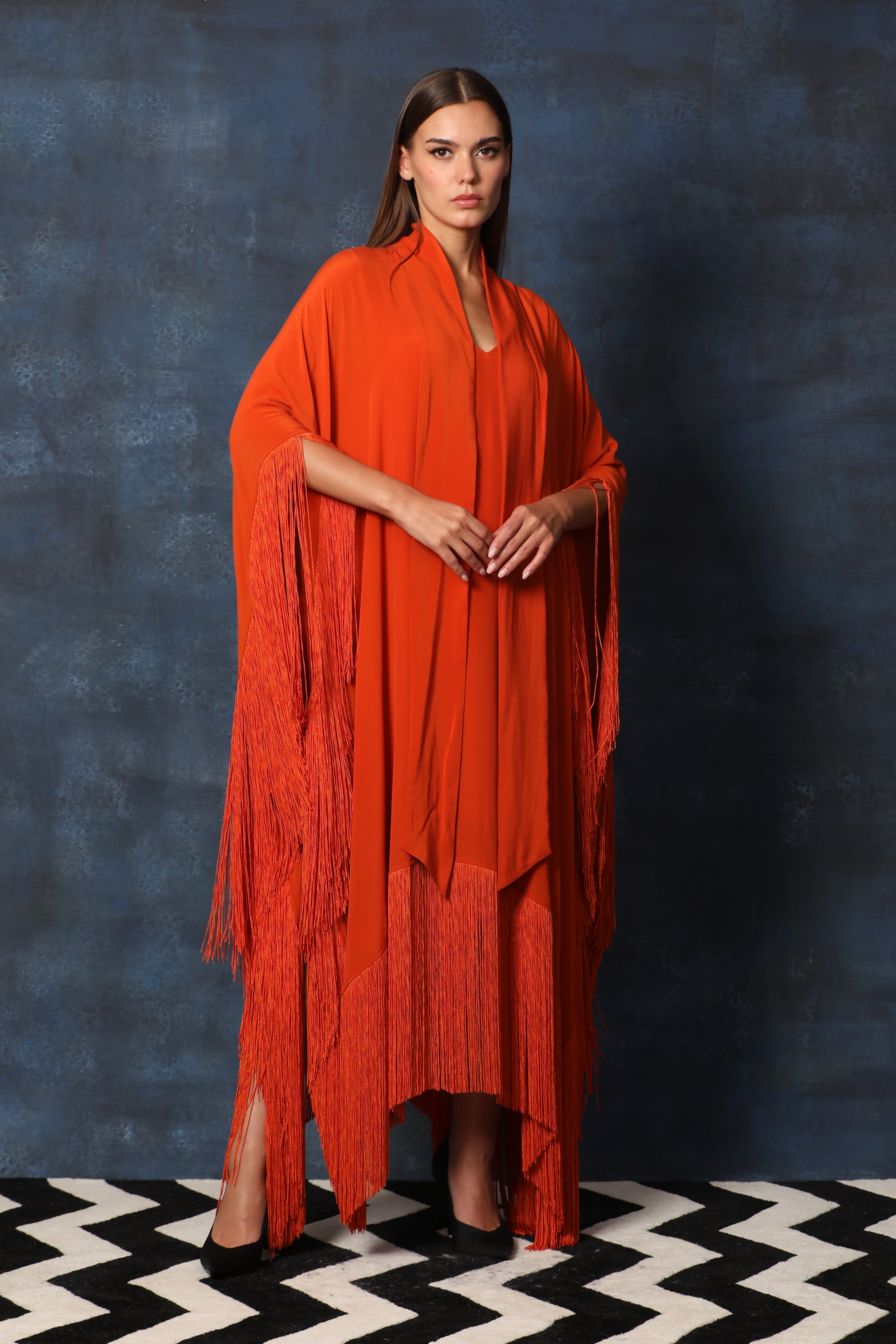 Scarf Collar V Neck Kaftan Asymmetrical Dress with Fringes