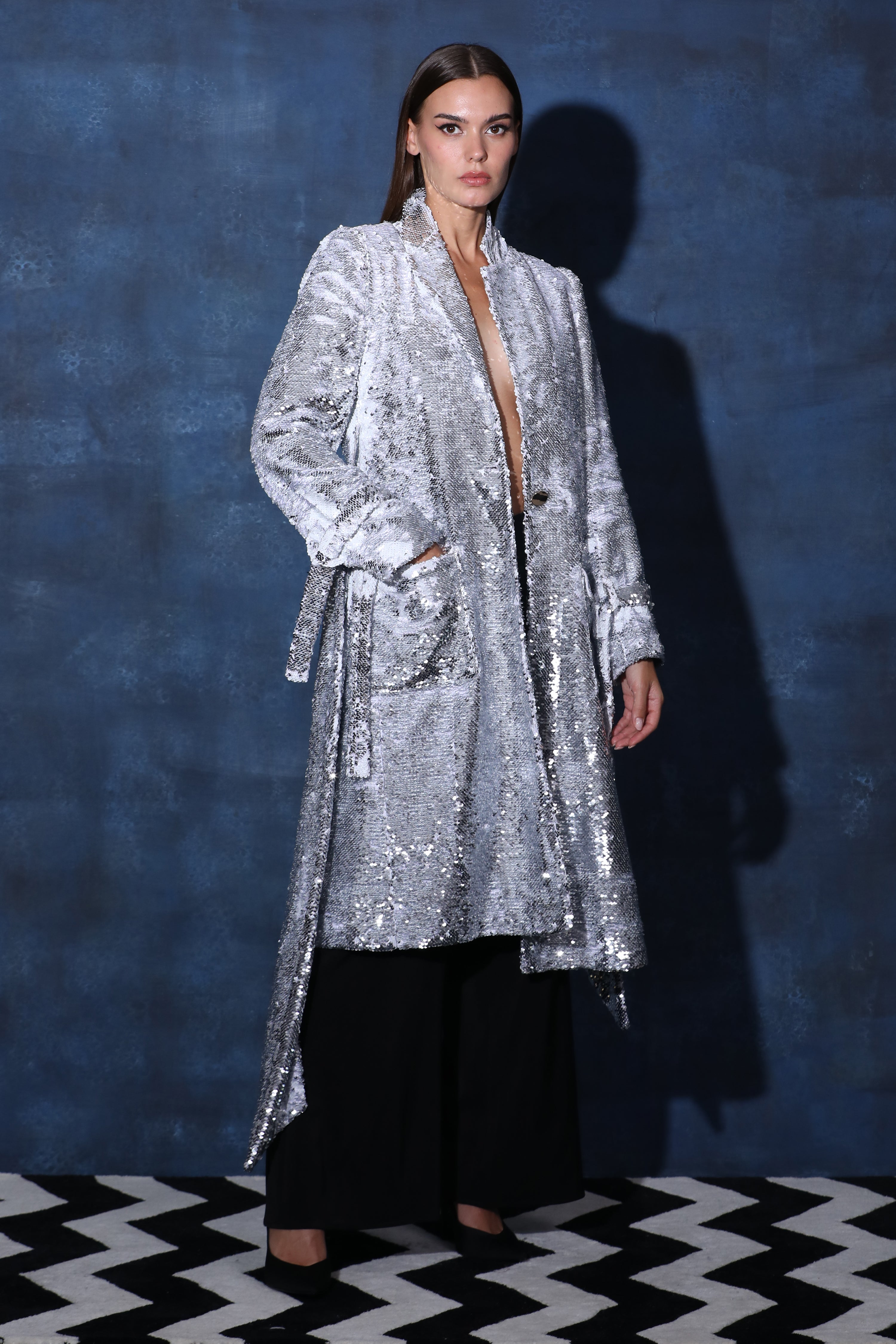 Sequence Overcoat Blazer with Full Detailed Sleeves & Belt