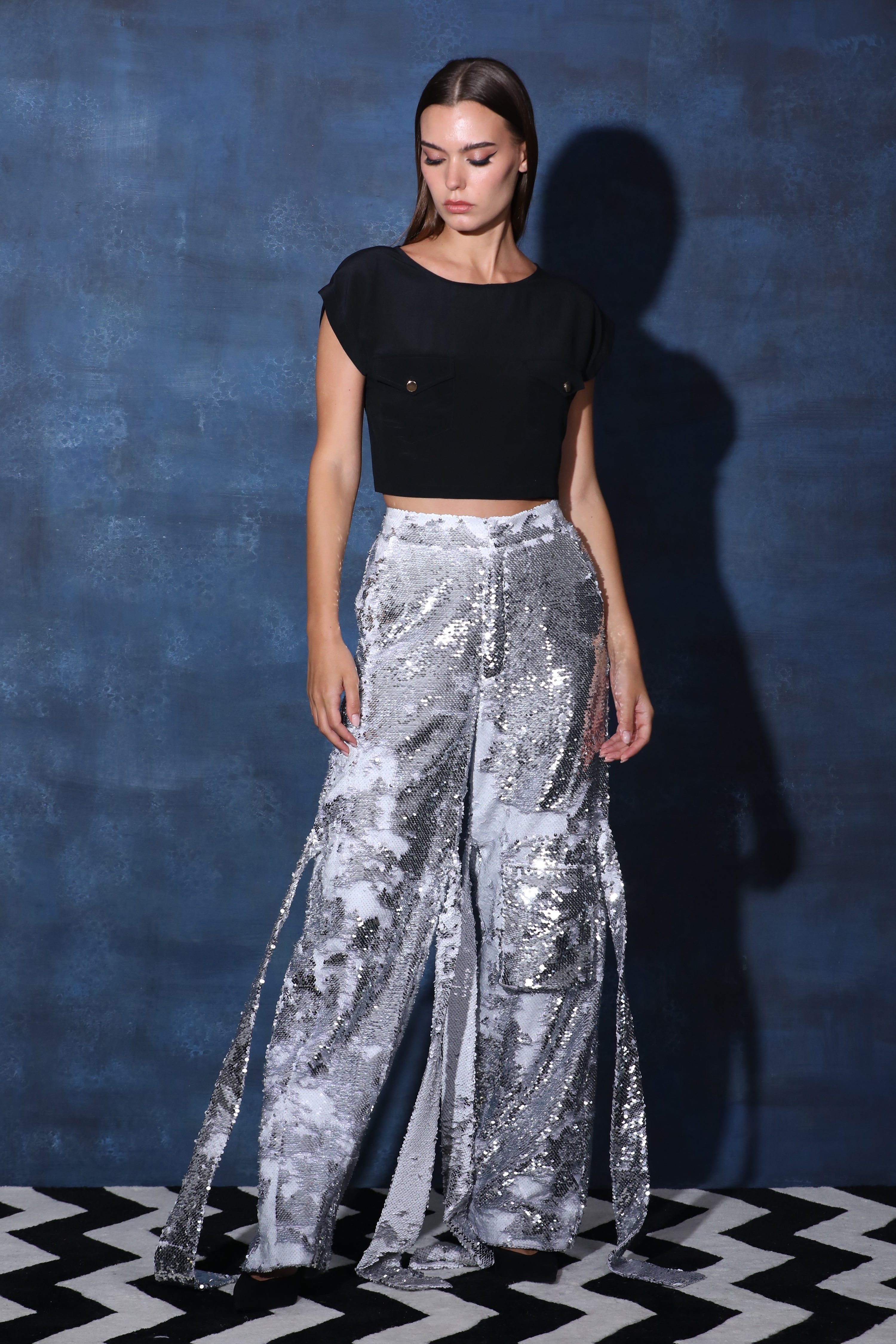 Black Crop Top with Silver Sequence Cargo Pants