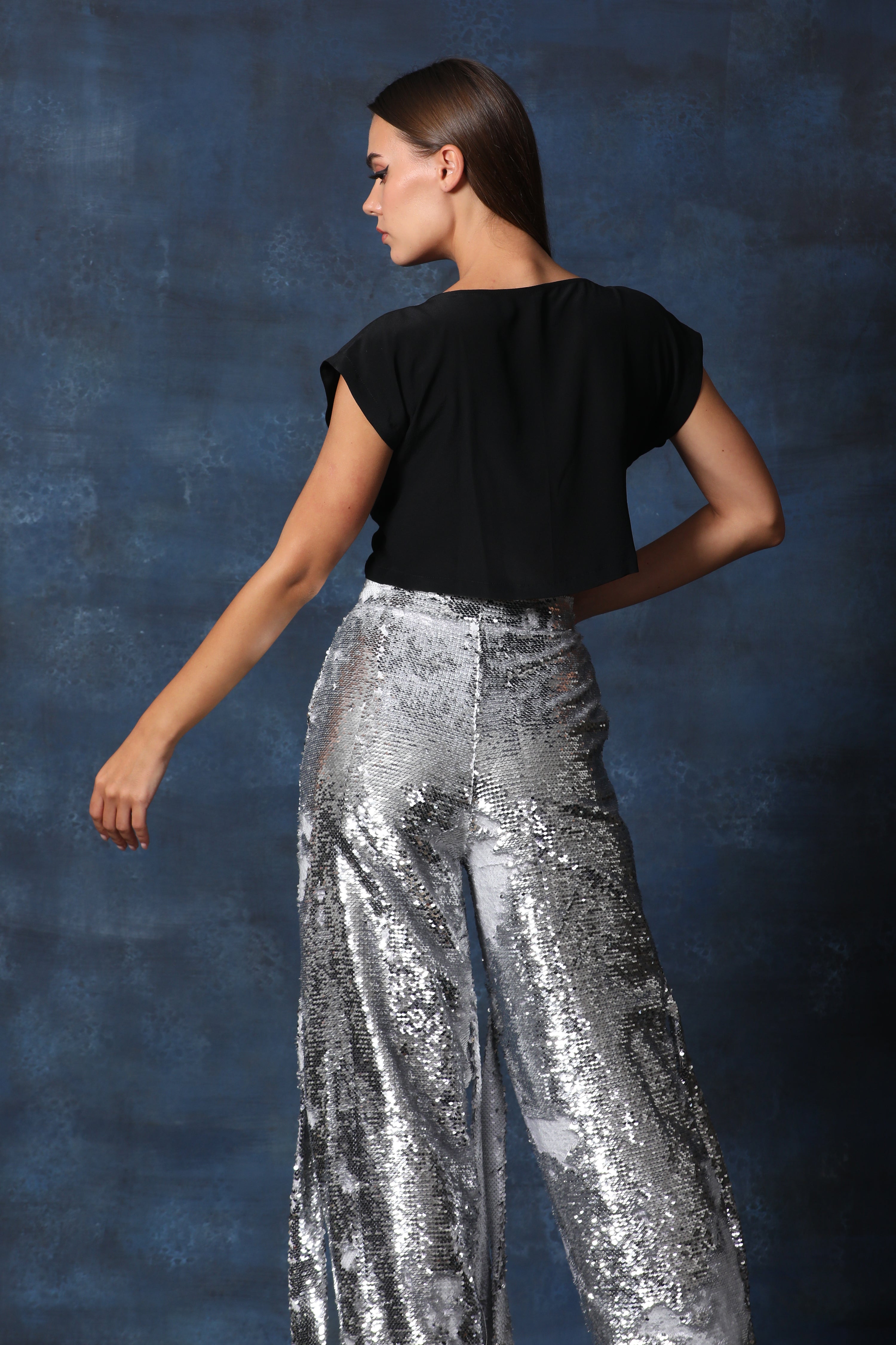 Black Crop Top with Silver Sequence Cargo Pants