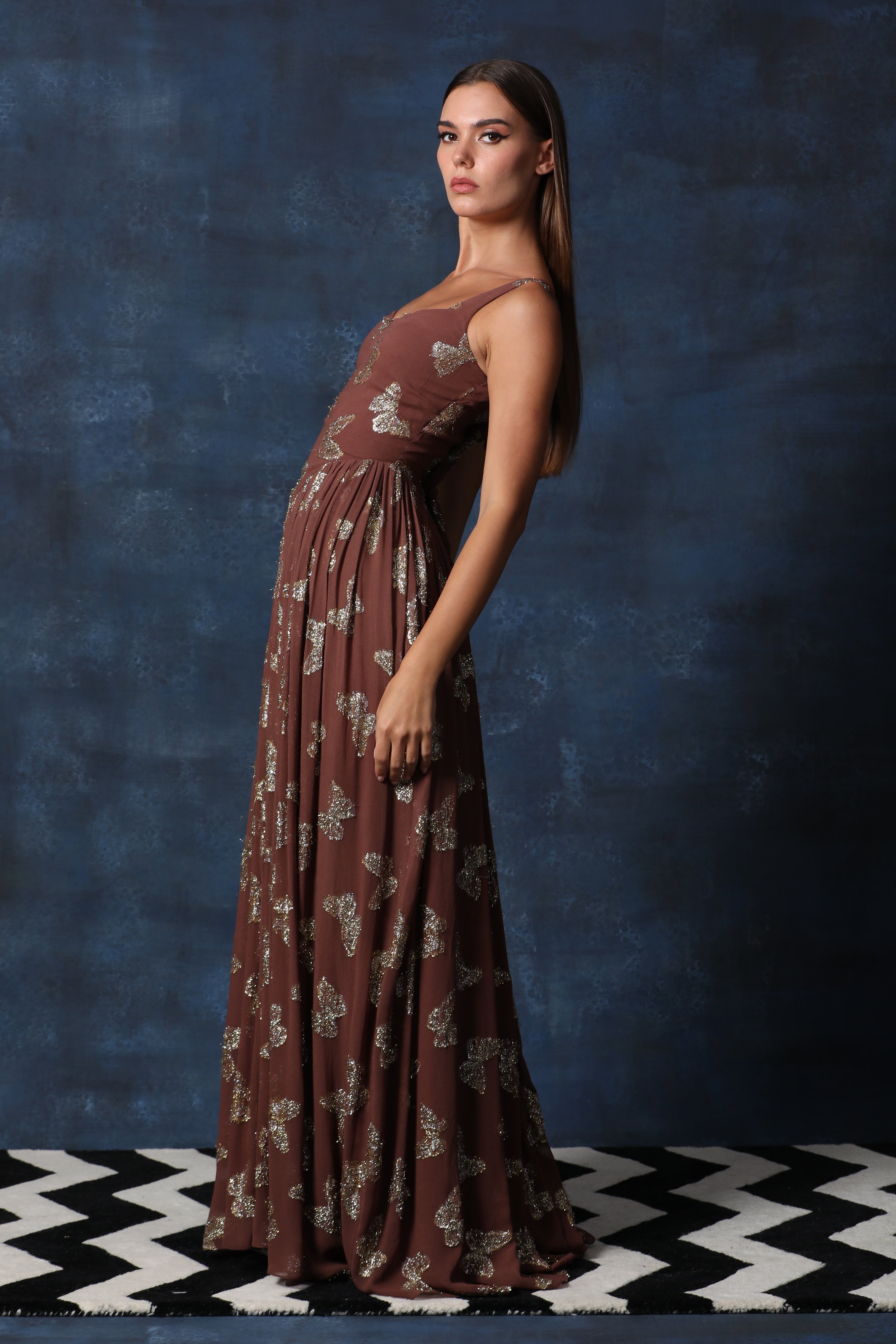 Mud Brown Sweetheart Neck Georgette Lurex Gown