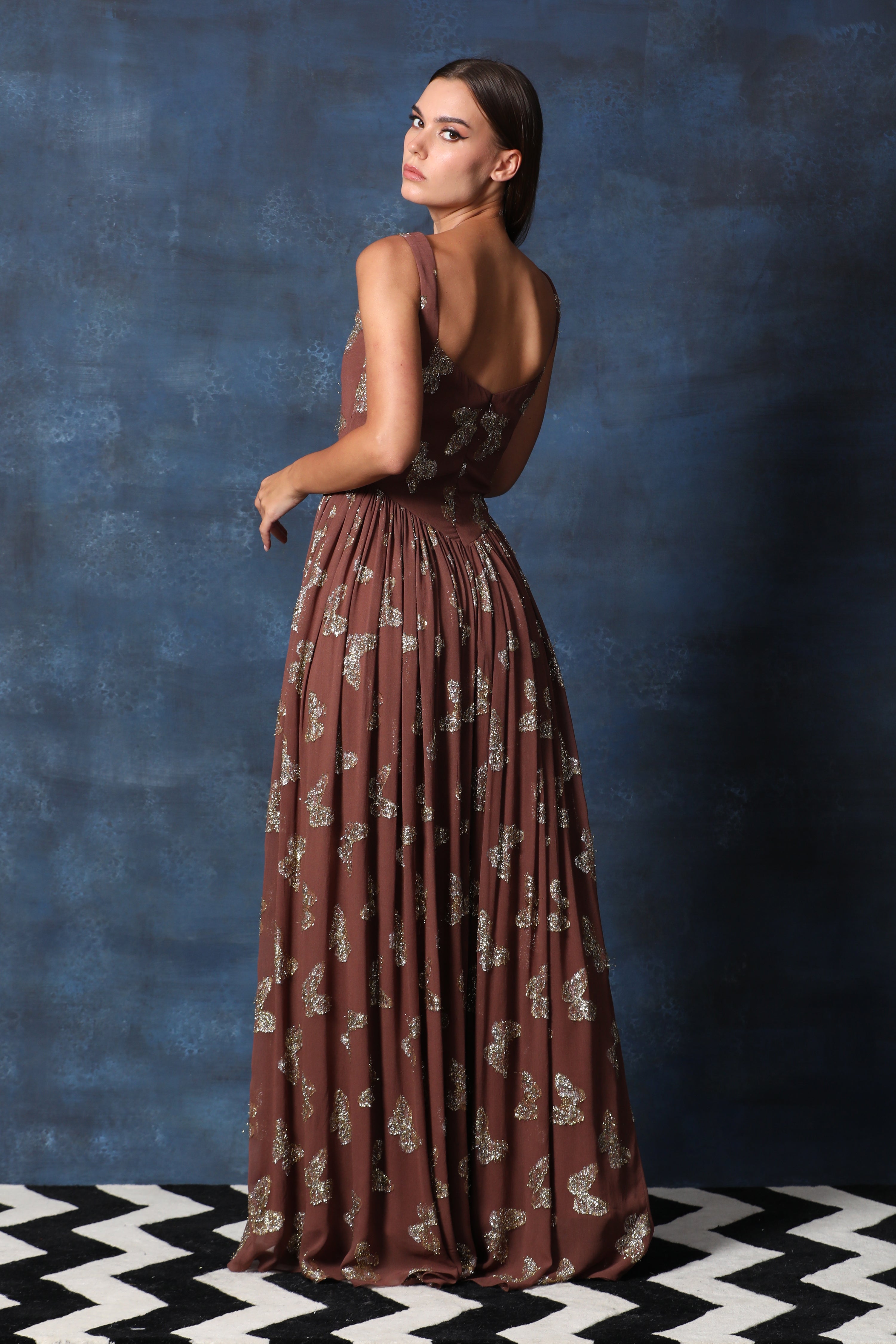 Mud Brown Sweetheart Neck Georgette Lurex Gown