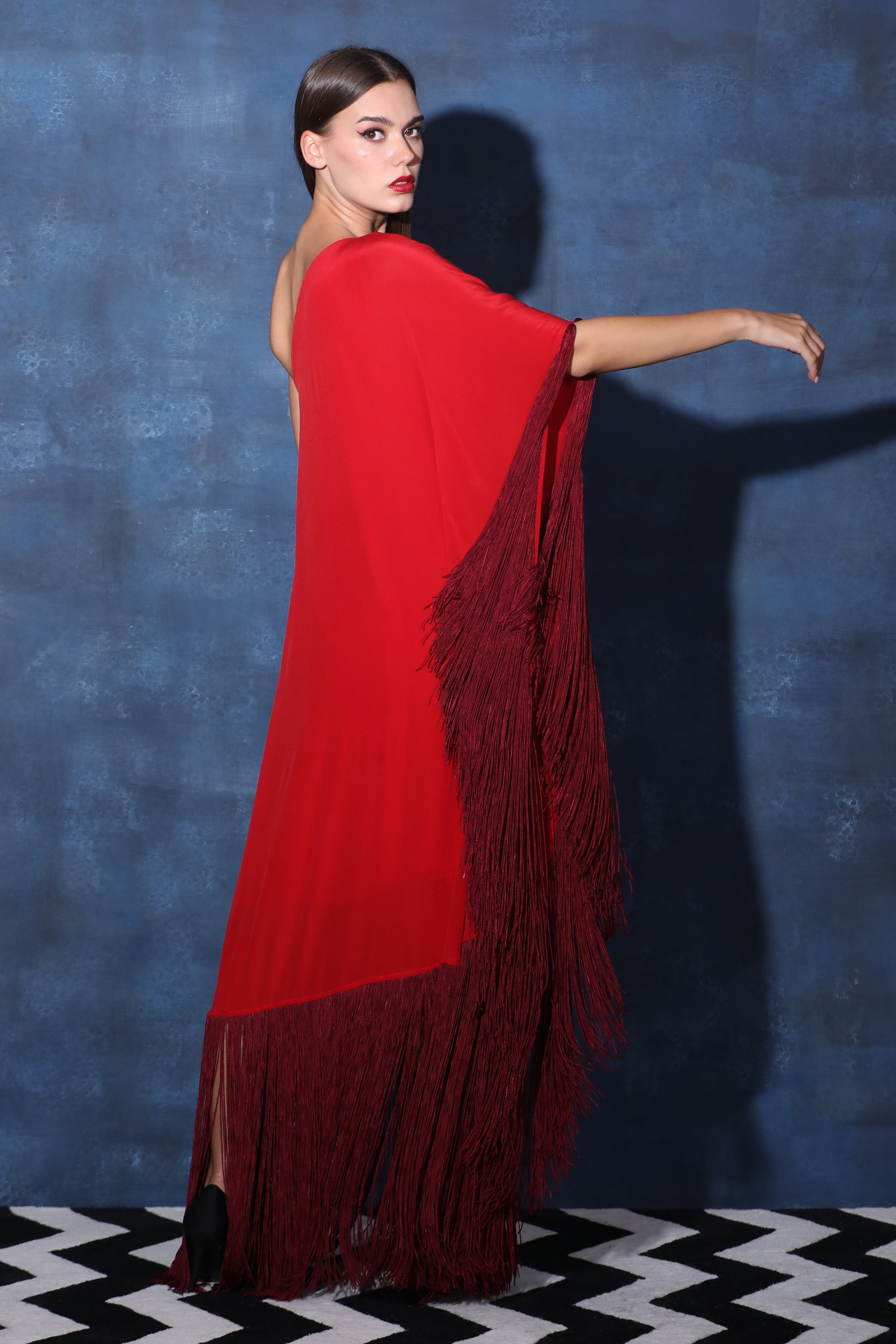 One Shoulder Red Kaftan Dress with Fringes