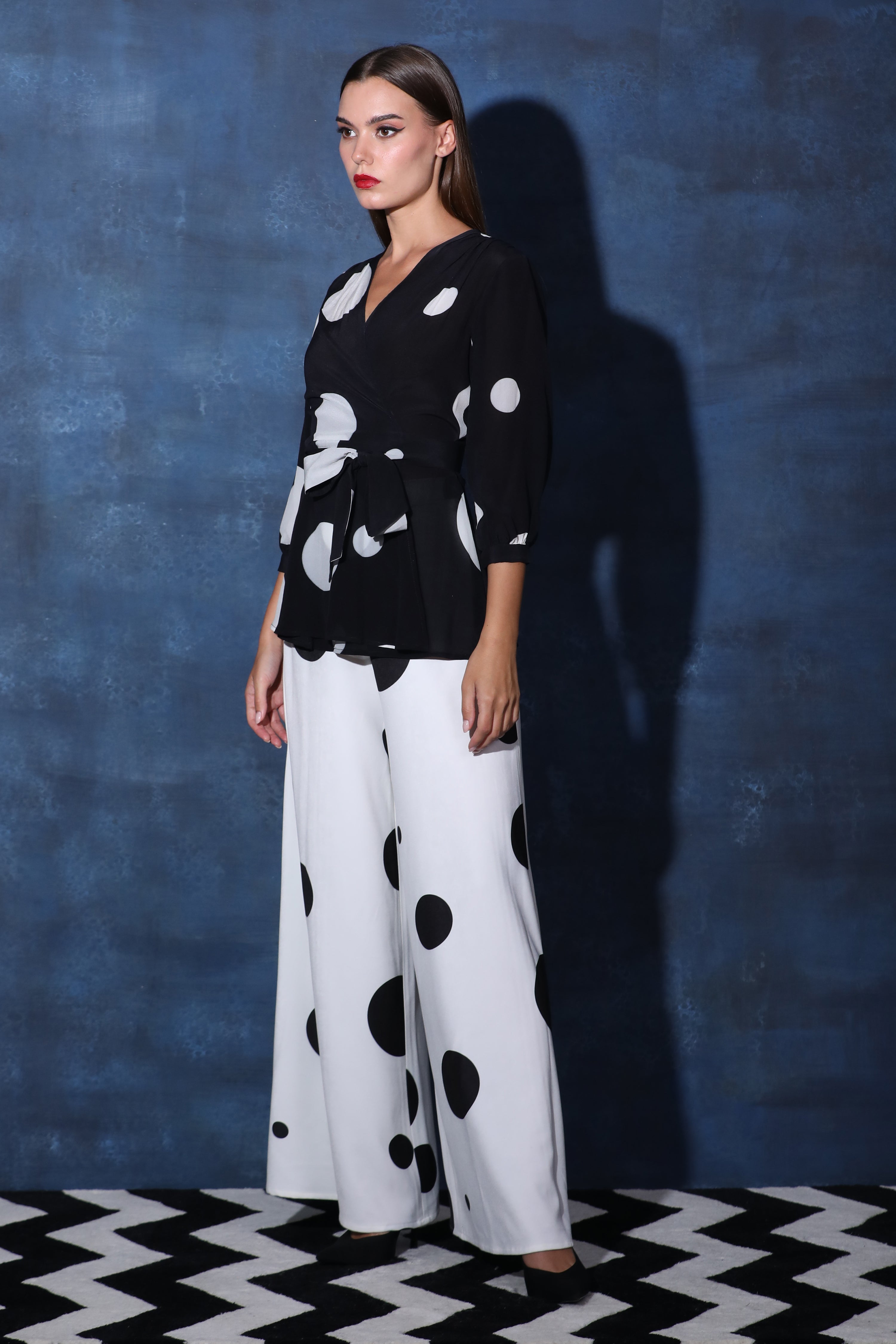 Wrap Black & White Polka Top with Pouf Sleeves & White Flared Pants