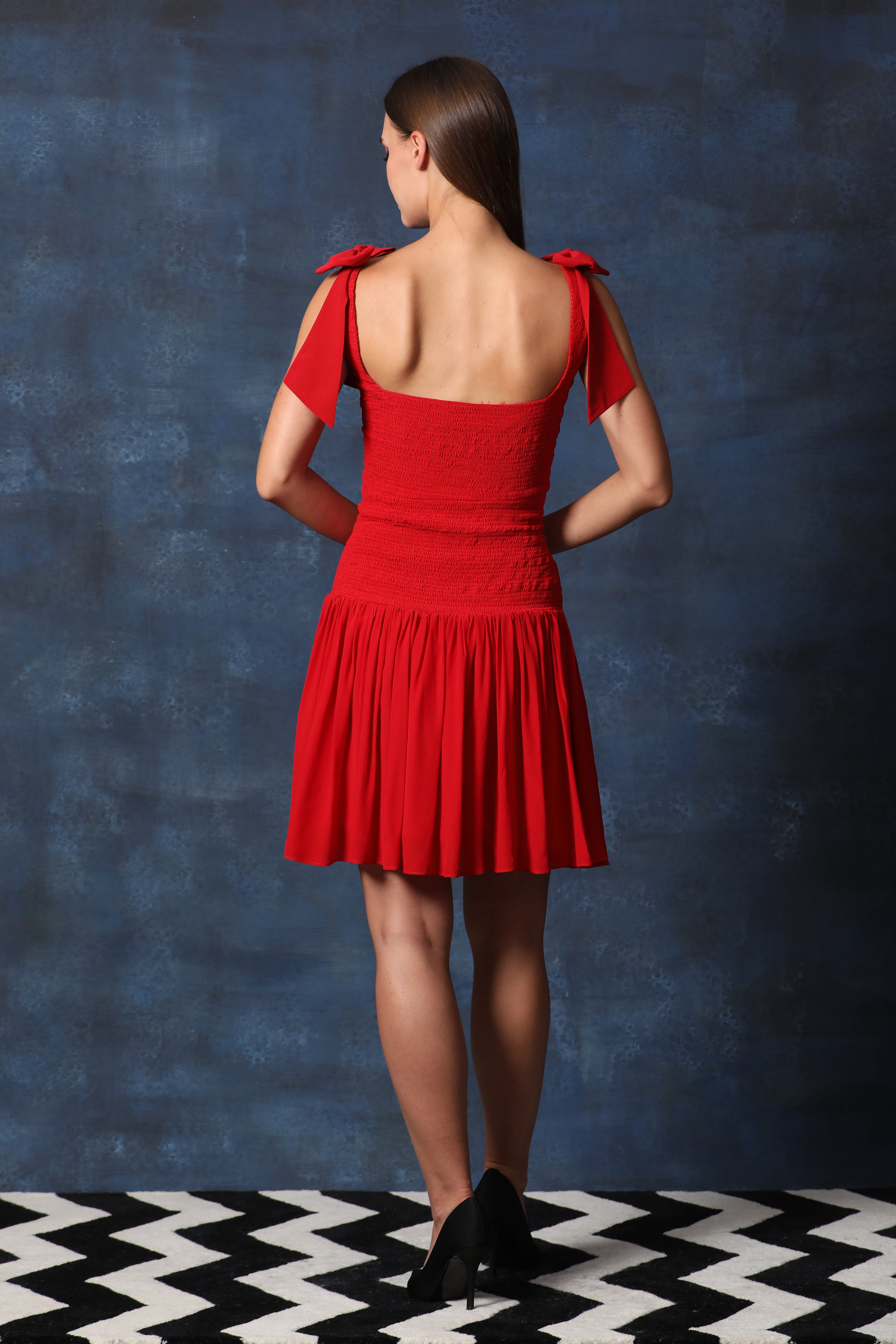 Square Neckline Smocking Dress with Bows at Shoulder