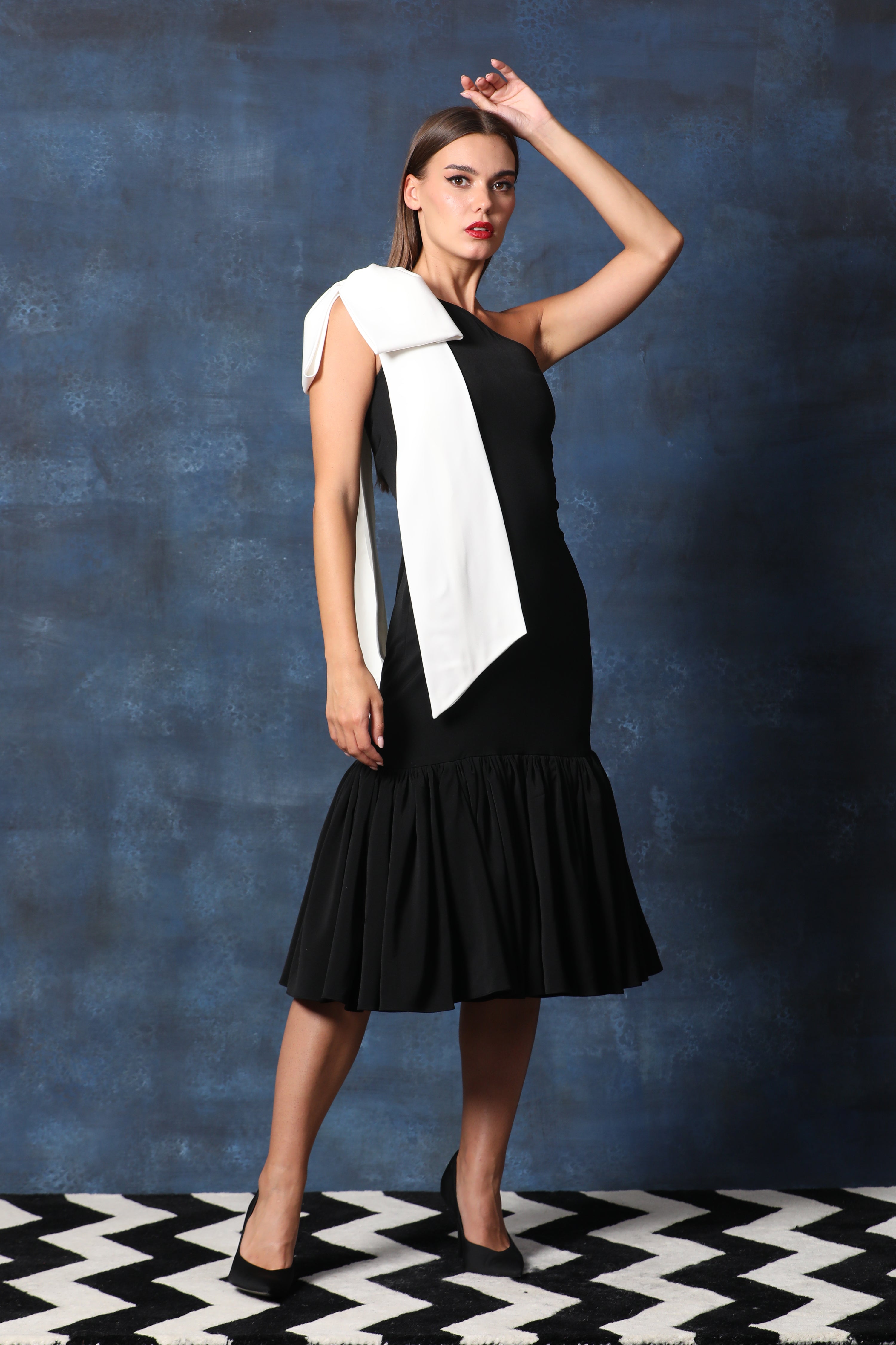 One Shoulder Dress with Frill Hem & Bow at Shoulder