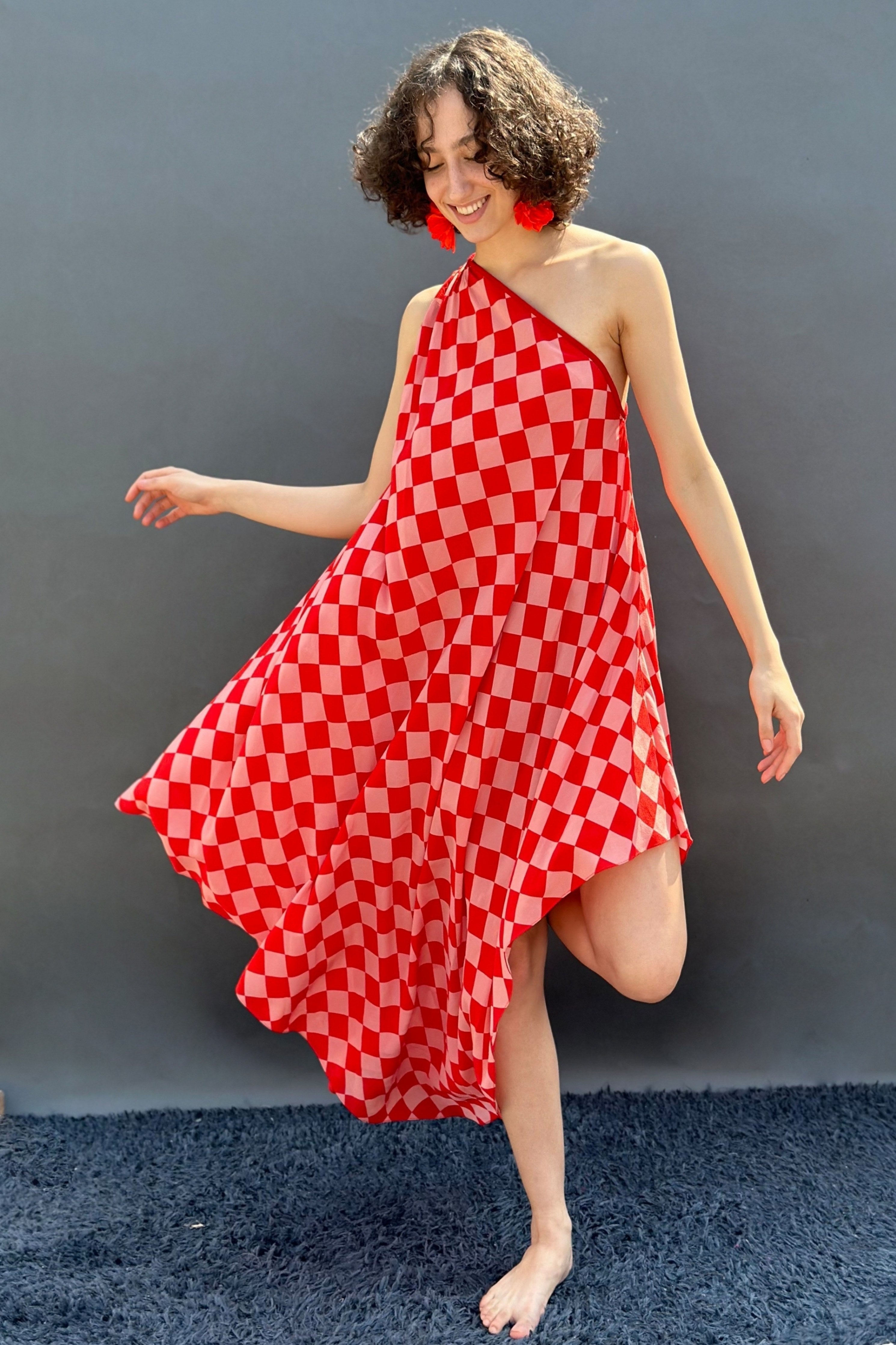 Red & Pink Big Check Print One Shoulder Asym Dress With Belt