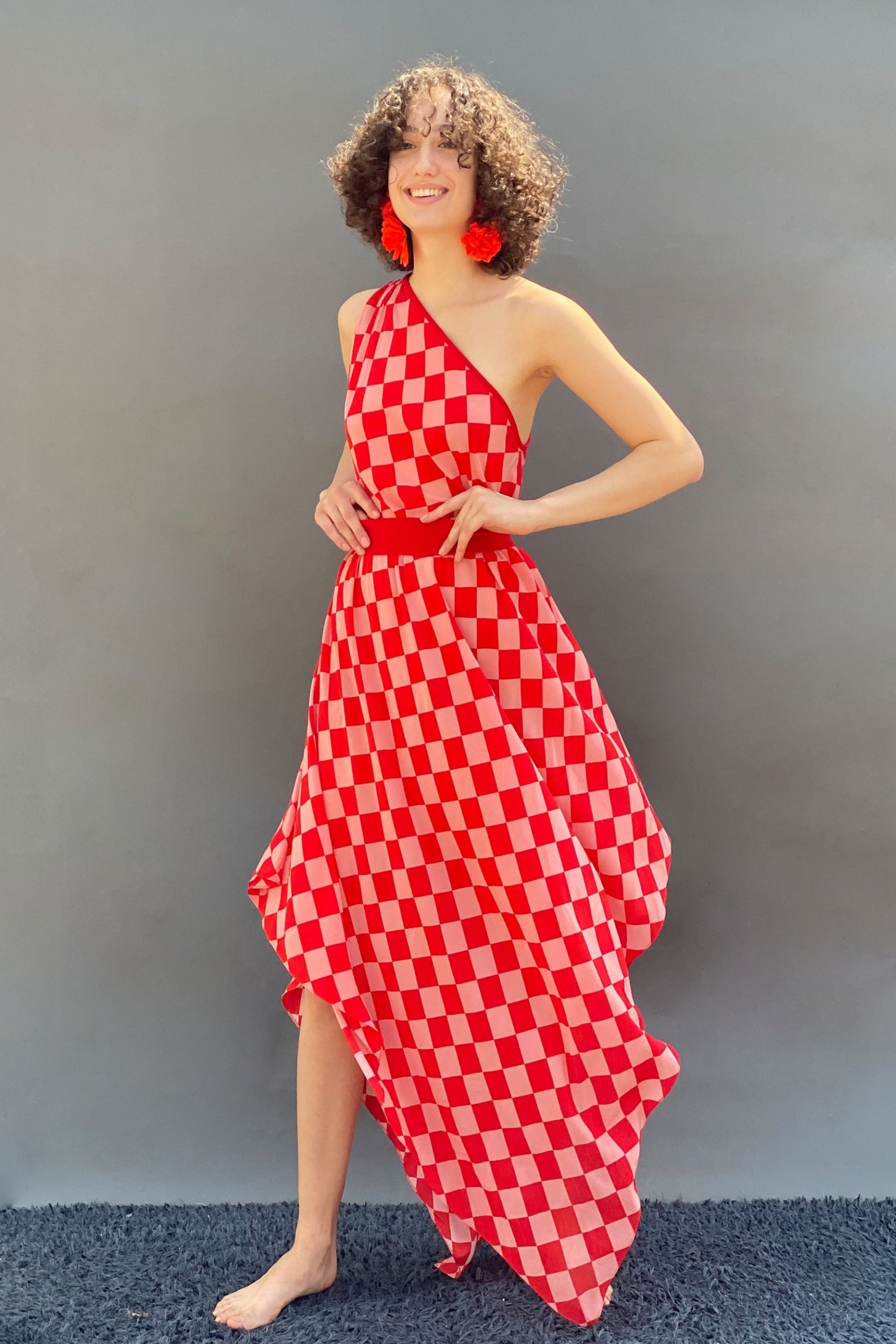 Red & Pink Big Check Print One Shoulder Asym Dress With Belt