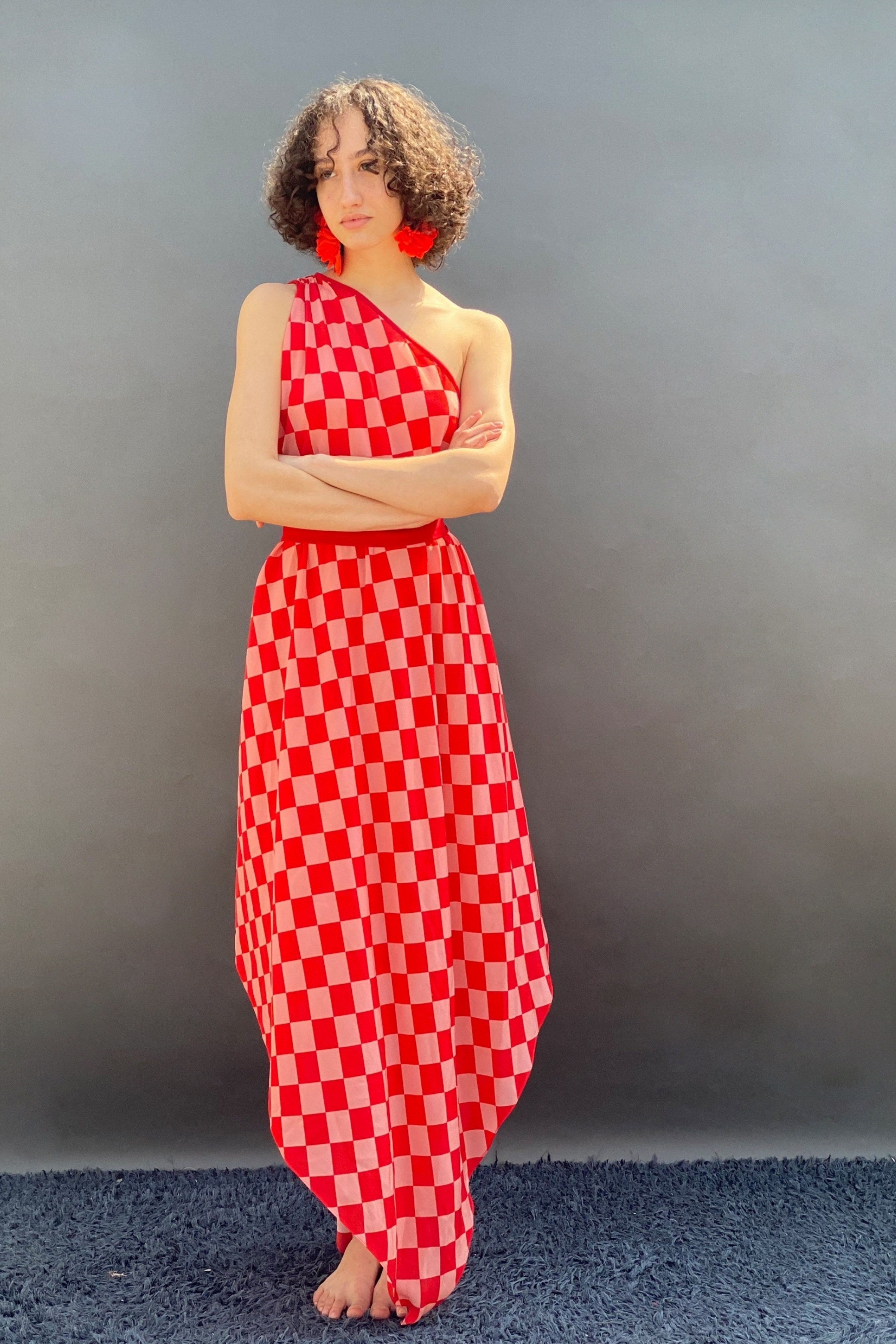 Red & Pink Big Check Print One Shoulder Asym Dress With Belt