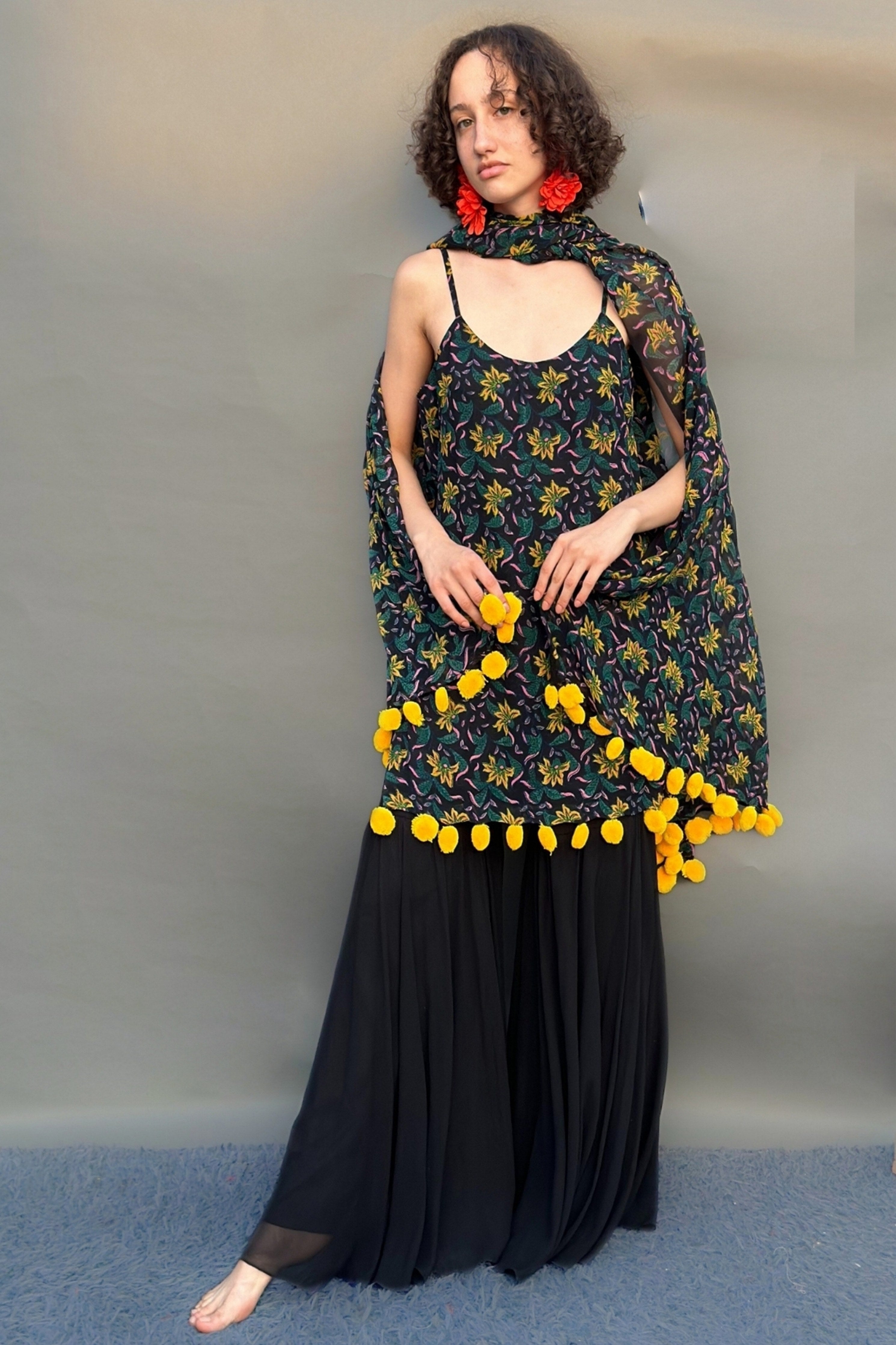 Black & Yellow Block Print Strappy Kurta Sharara Set