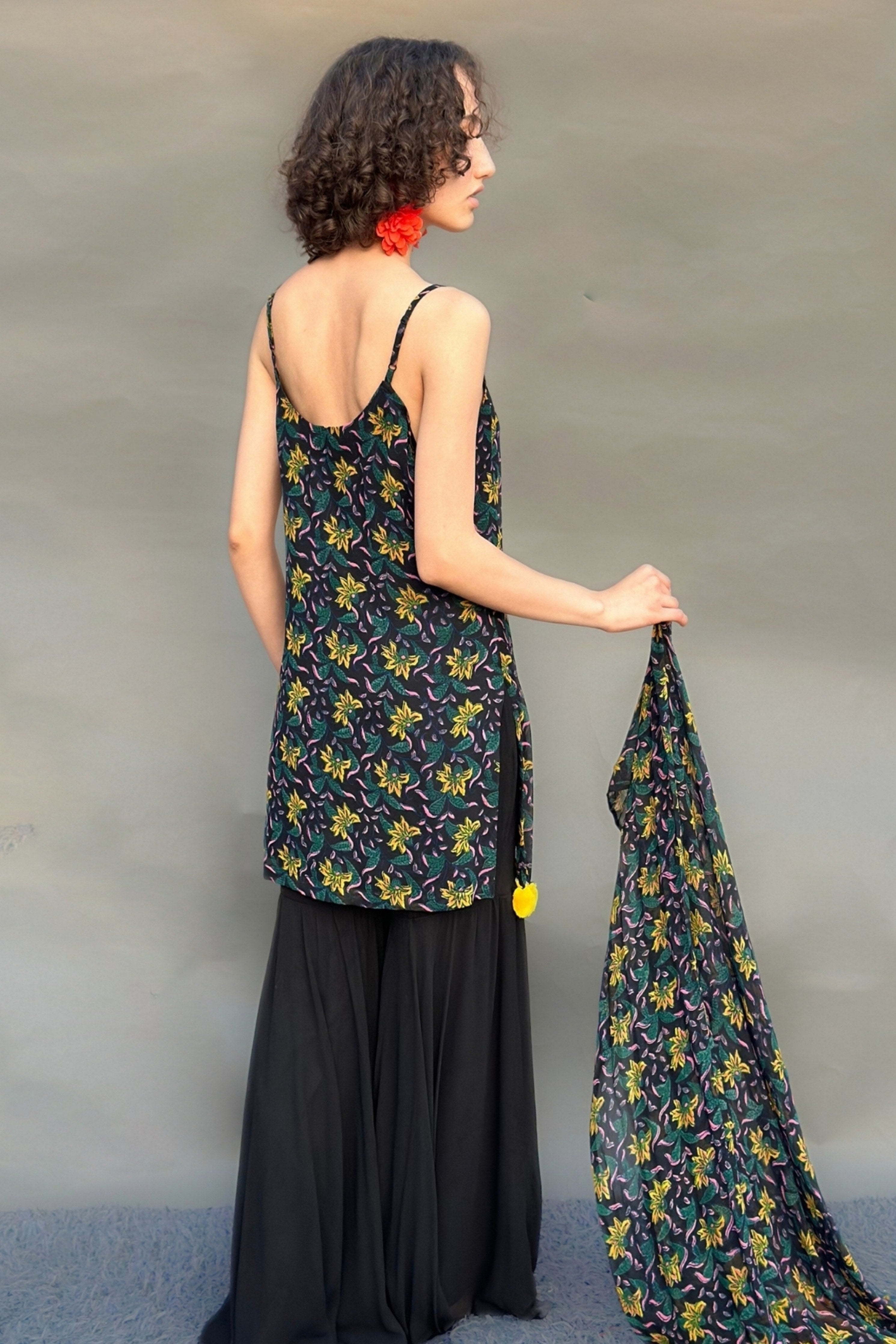 Black & Yellow Block Print Strappy Kurta Sharara Set