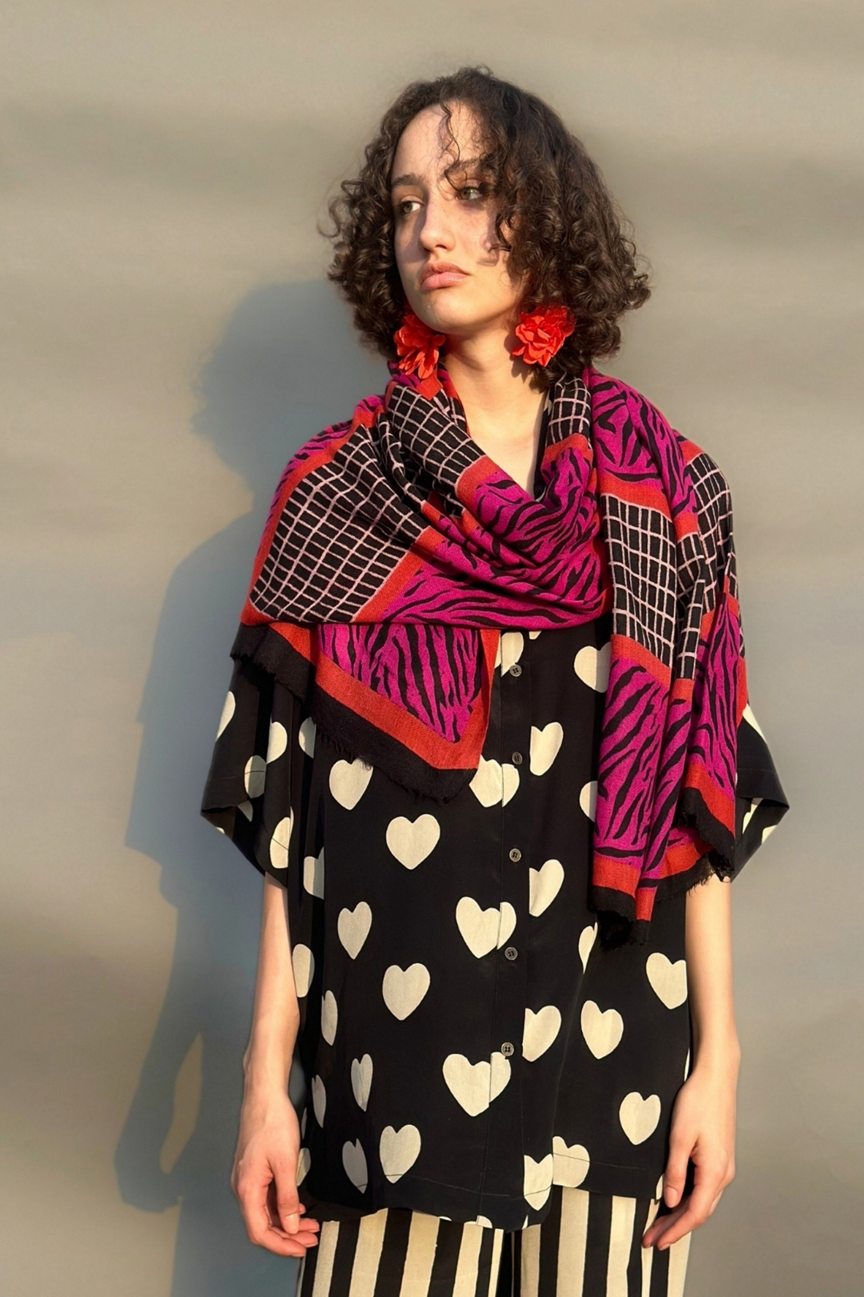 Black & Fuchsia Panel Print Pashmina
