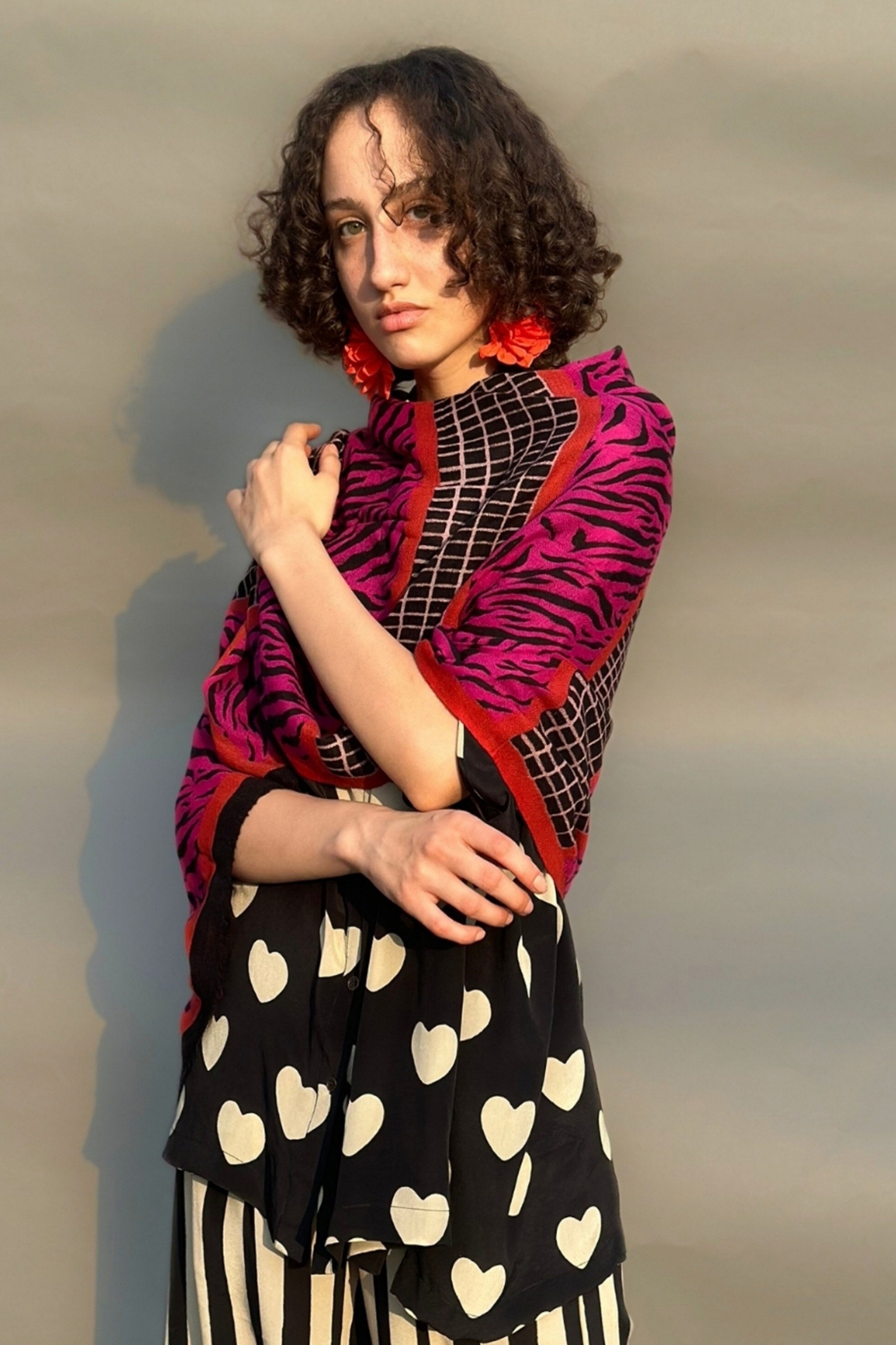 Black & Fuchsia Panel Print Pashmina