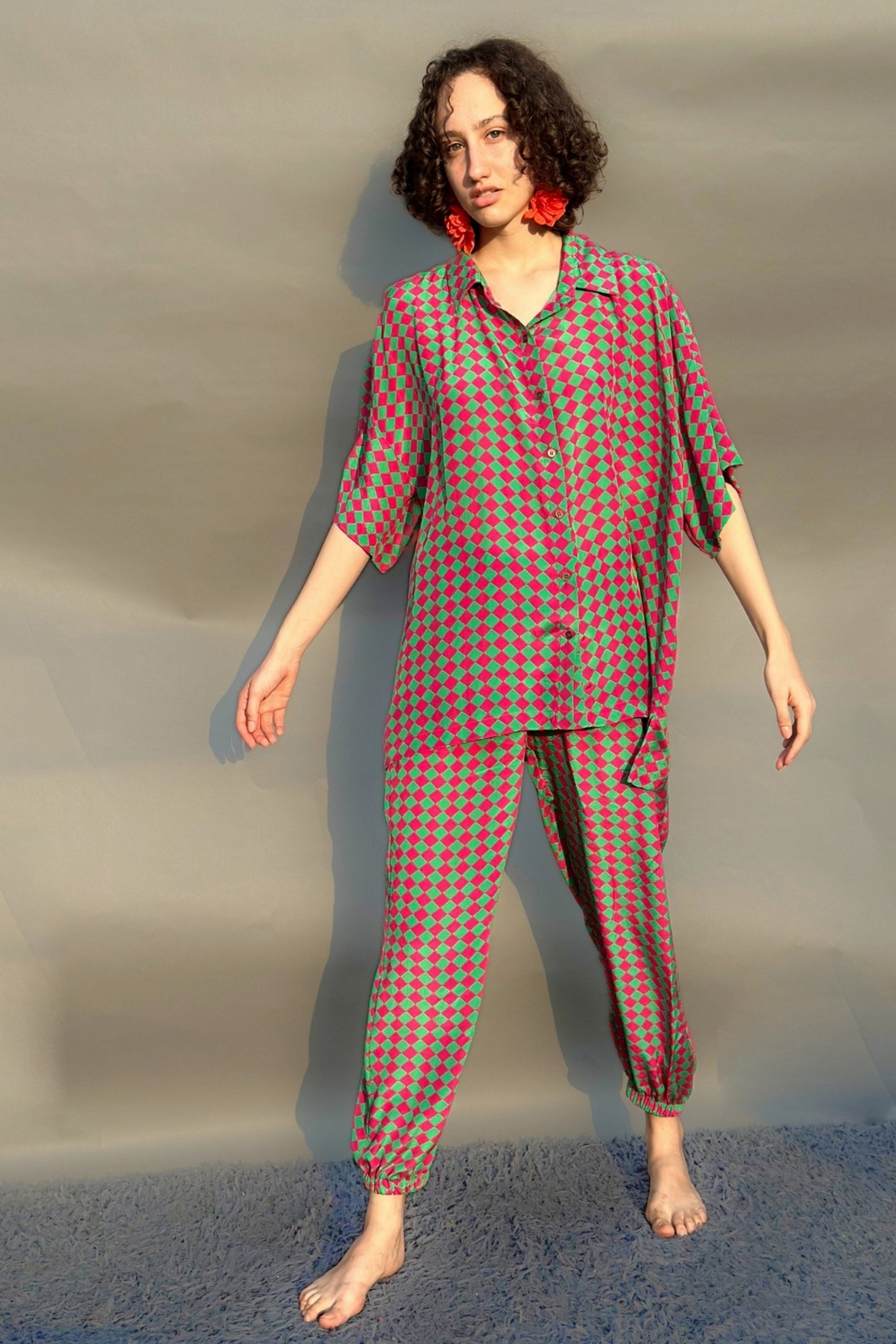 Green & Pink No Armhole Shirt & Wide Legged Pants