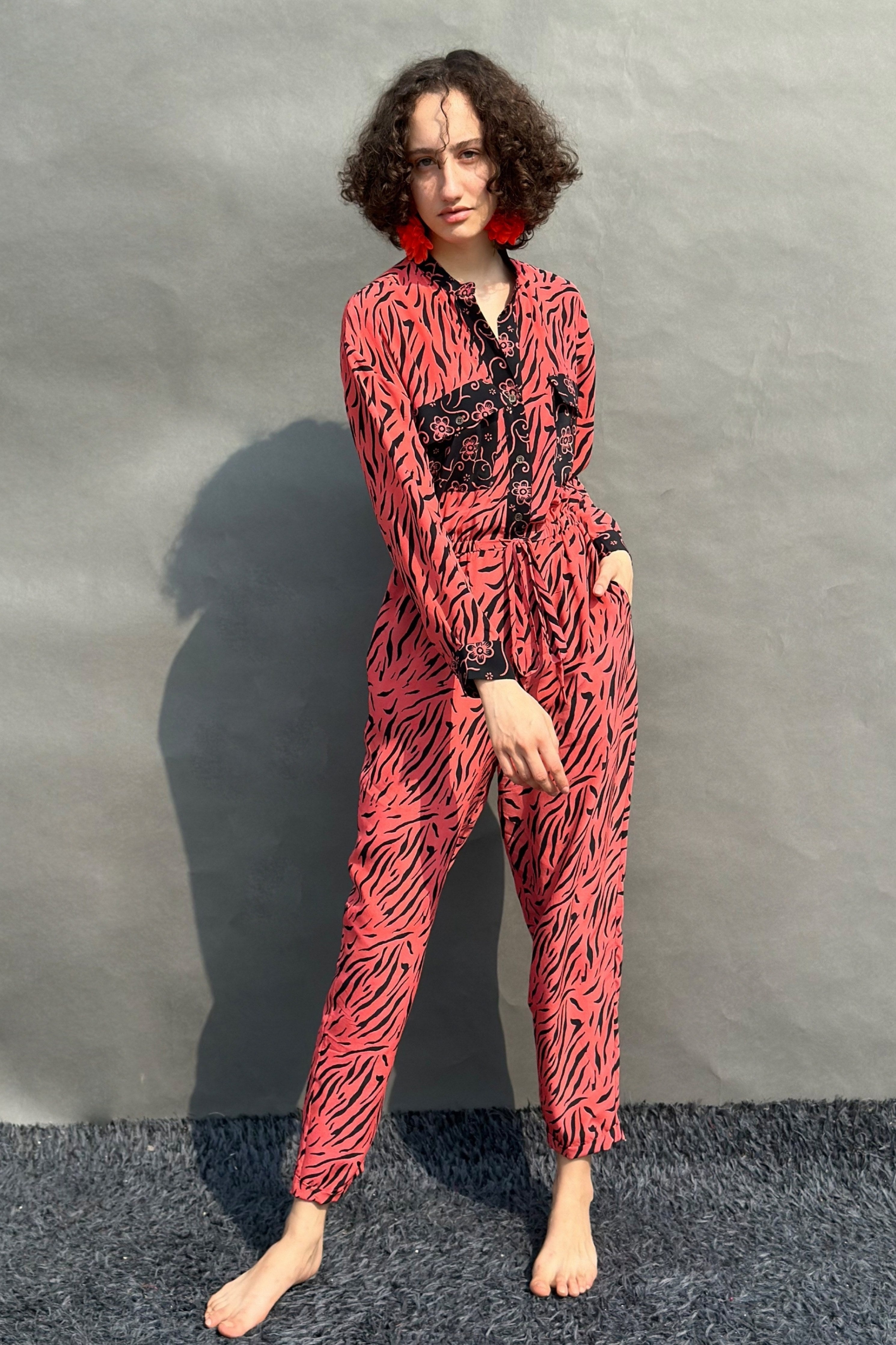 Coral & Black Floral Jumpsuit