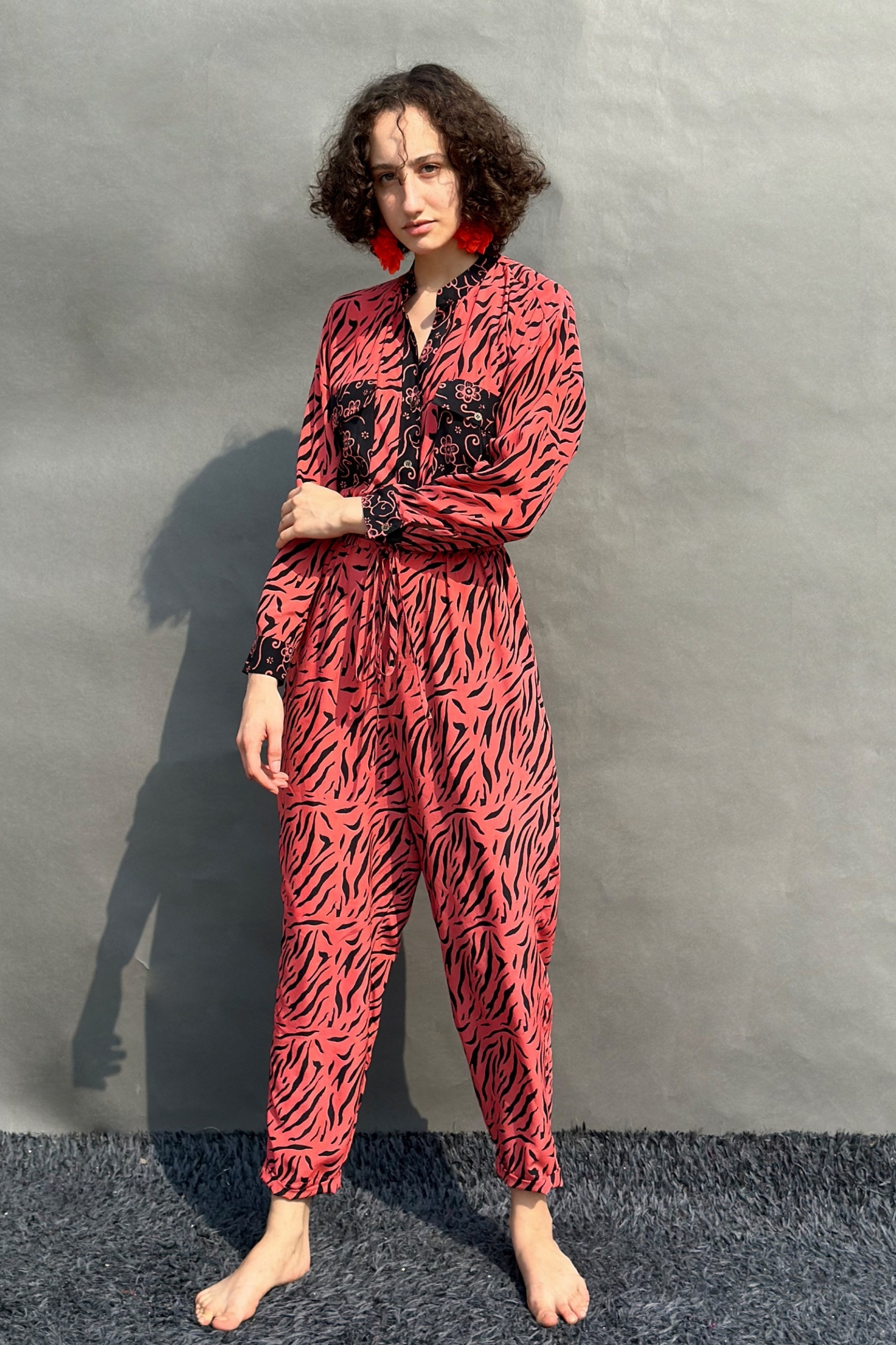 Coral & Black Floral Jumpsuit